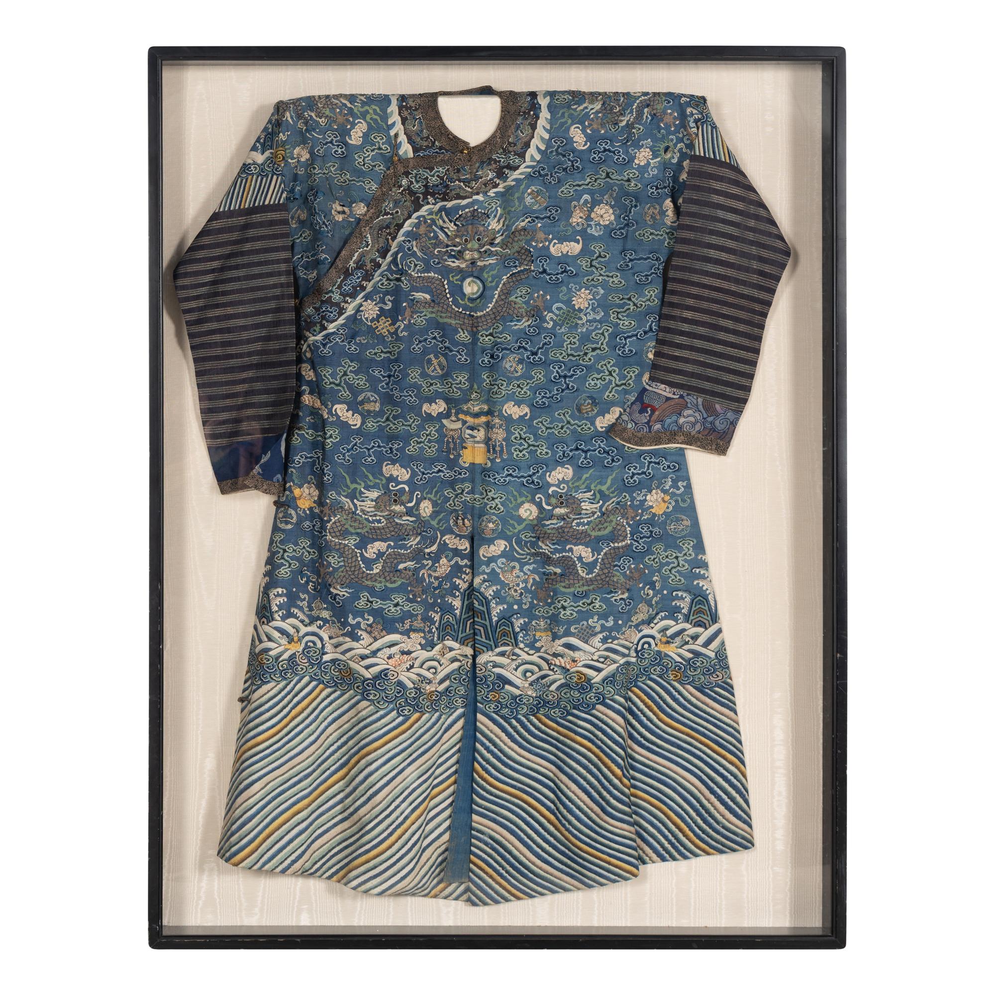 A Chinese Dark Blue Ground Kesi Silk Dragon Robe, 19th Century — 清晚期 石青地緙絲龍紋袍