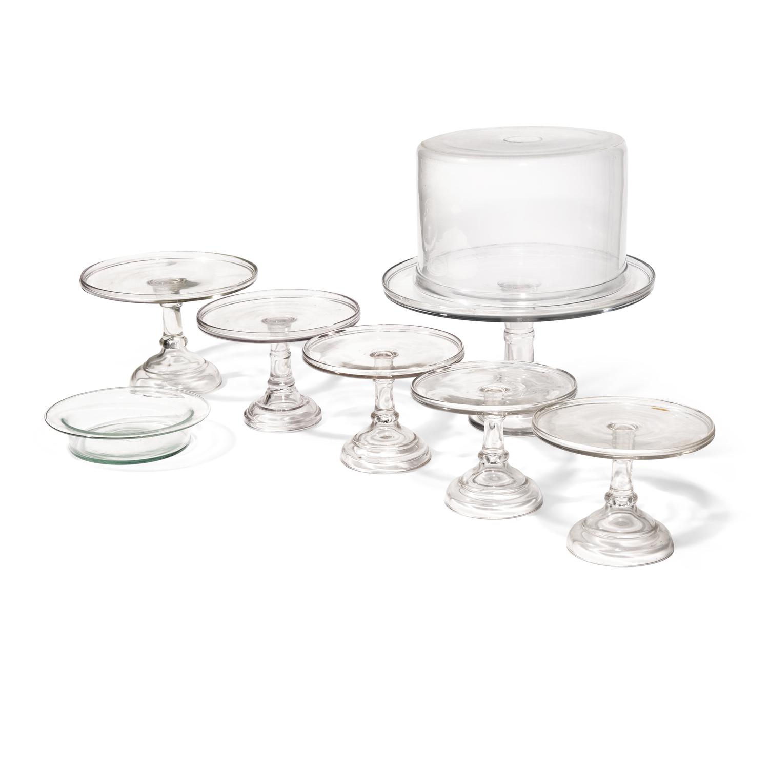 A Group of Six Blown and Cast Glass Cake Stands, Together with a Bowl