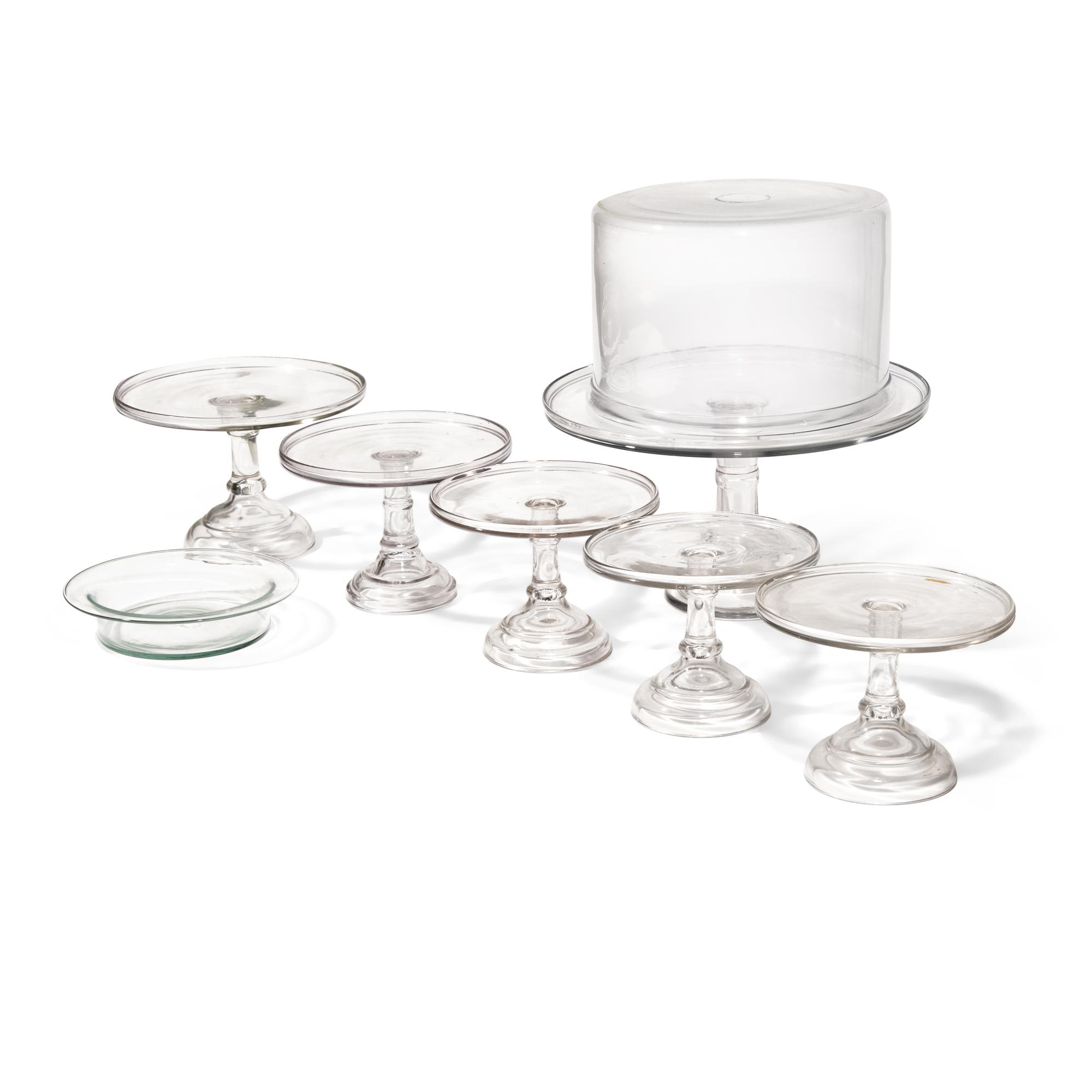 A Group of Six Blown and Cast Glass Cake Stands, Together with a Bowl