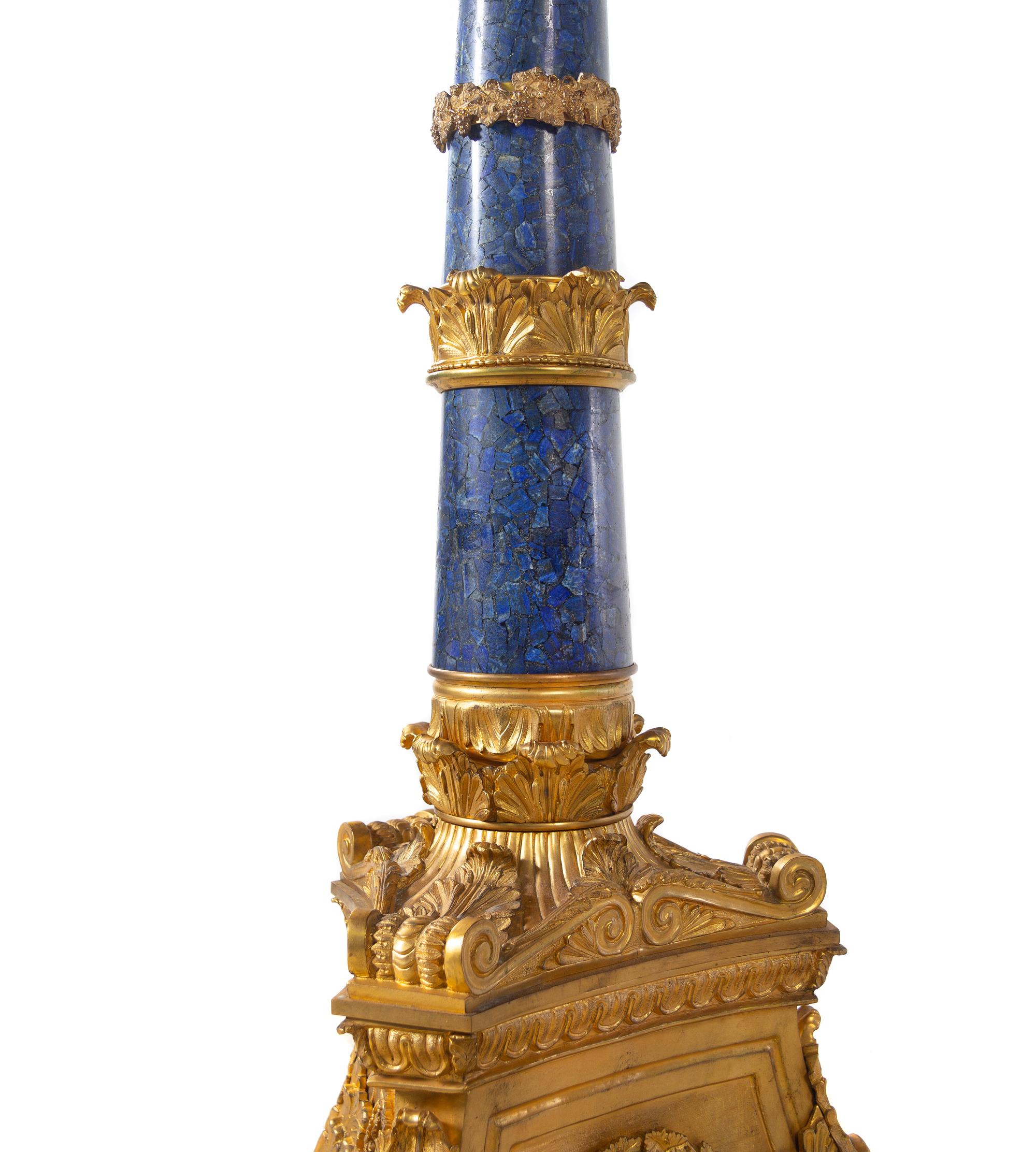 A Pair of Monumental Empire Style Gilt Bronze and Lapis Lazuli Torchères