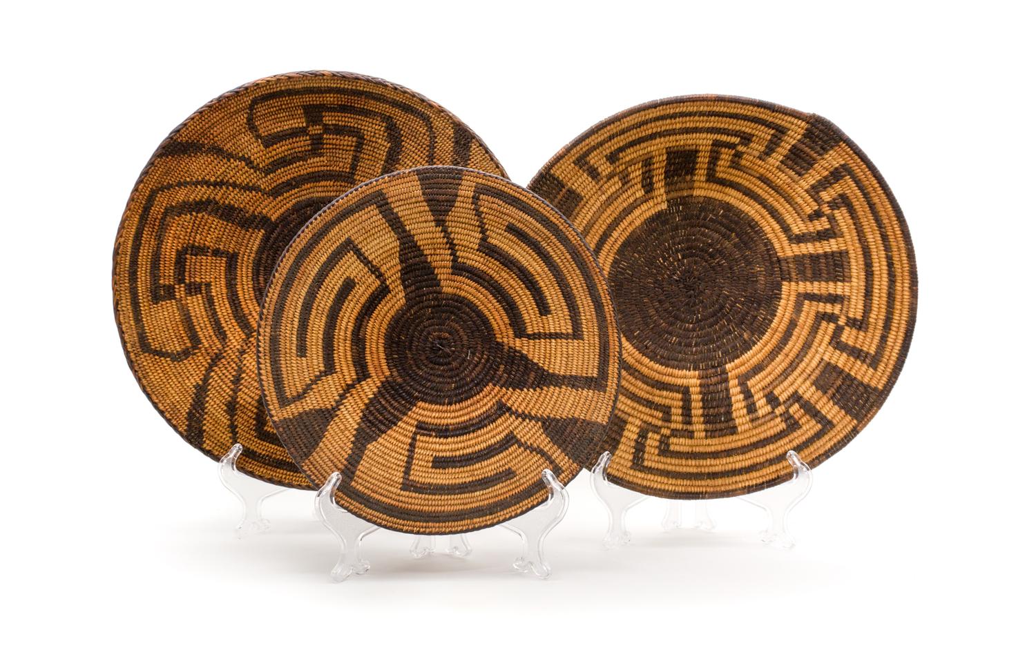 Three Pima Basketry Bowls Diameter of largest 14 inches.