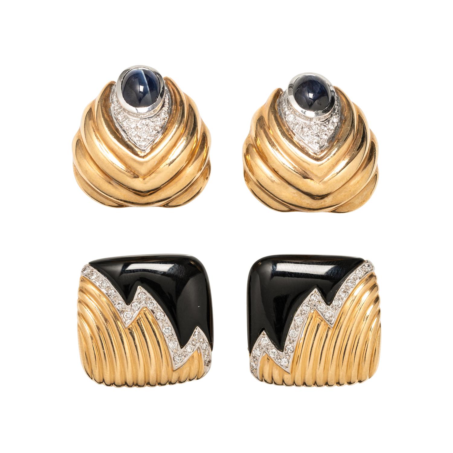 COLLECTION OF YELLOW GOLD, DIAMOND AND GEMSTONE EARCLIPS