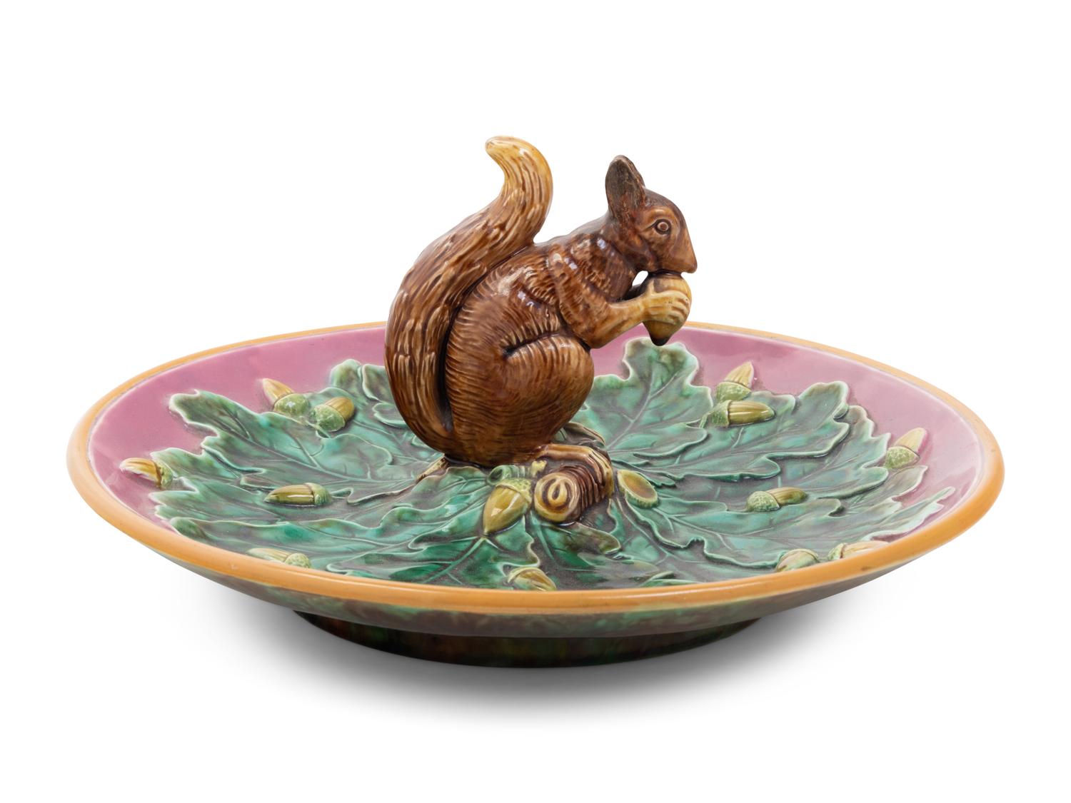 A Minton Majolica Squirrel Nut Dish