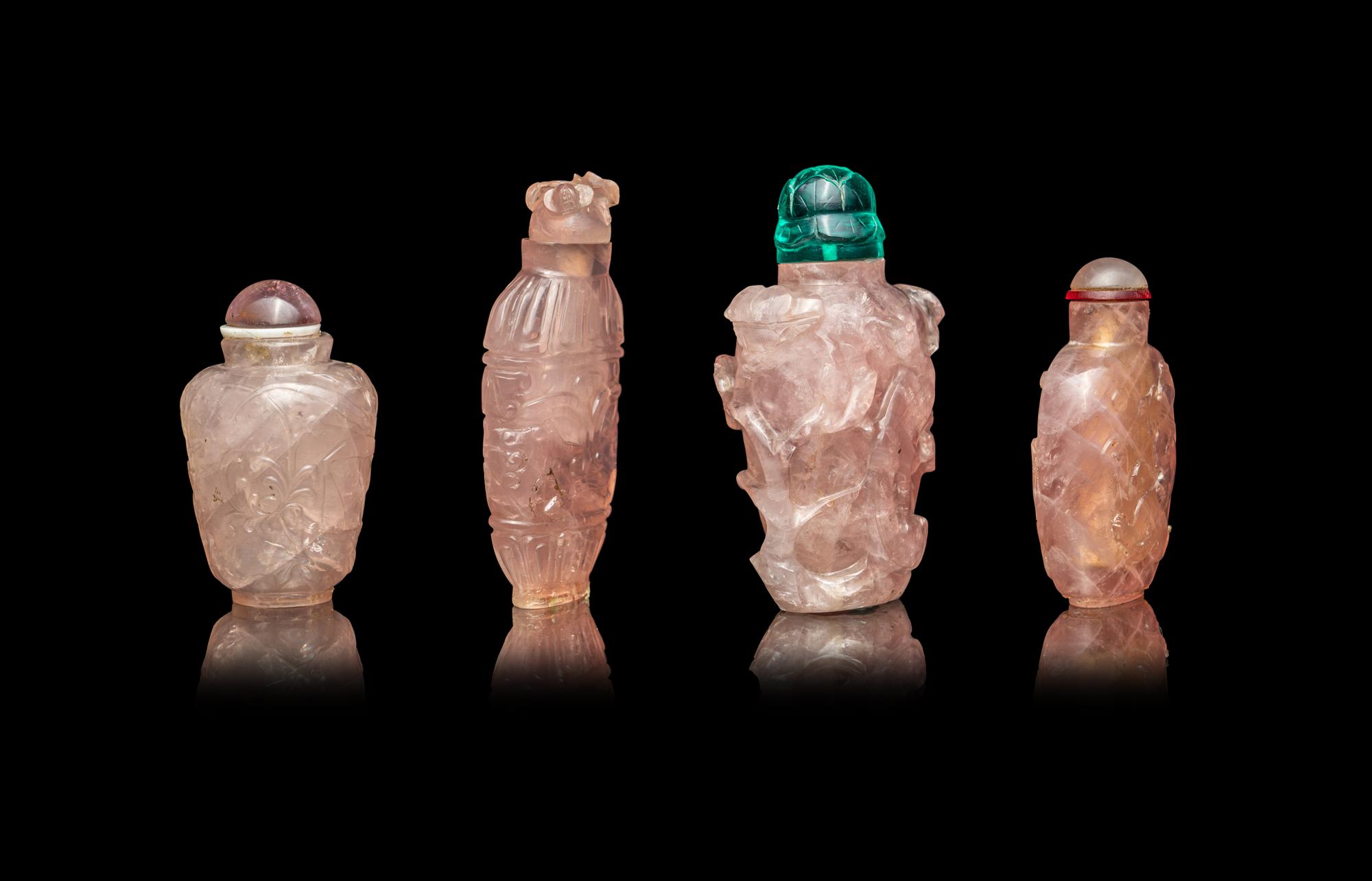 Four Chinese Rose Quartz Snuff Bottles