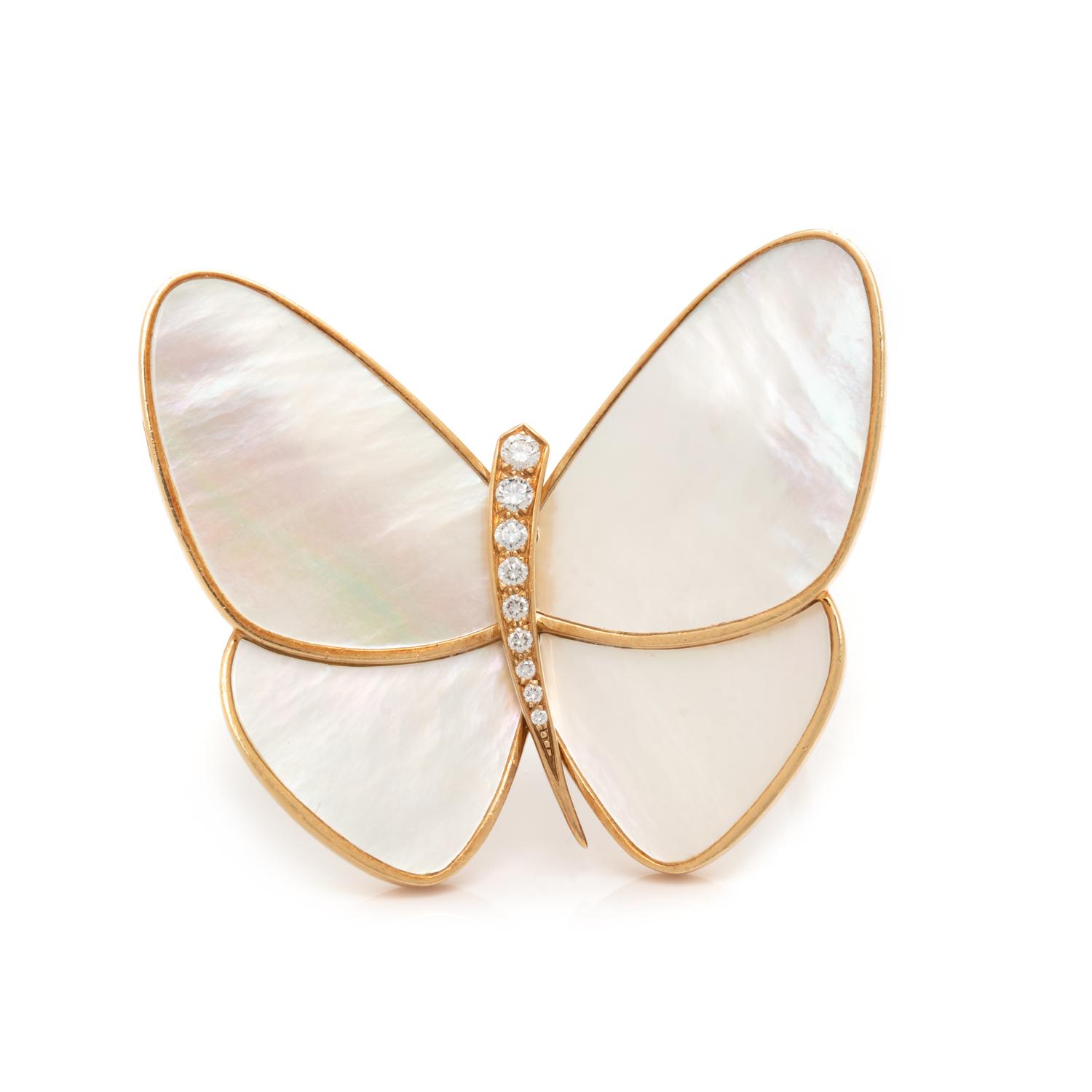 VAN CLEEF & ARPELS, MOTHER-OF-PEARL AND DIAMOND BUTTERFLY BROOCH