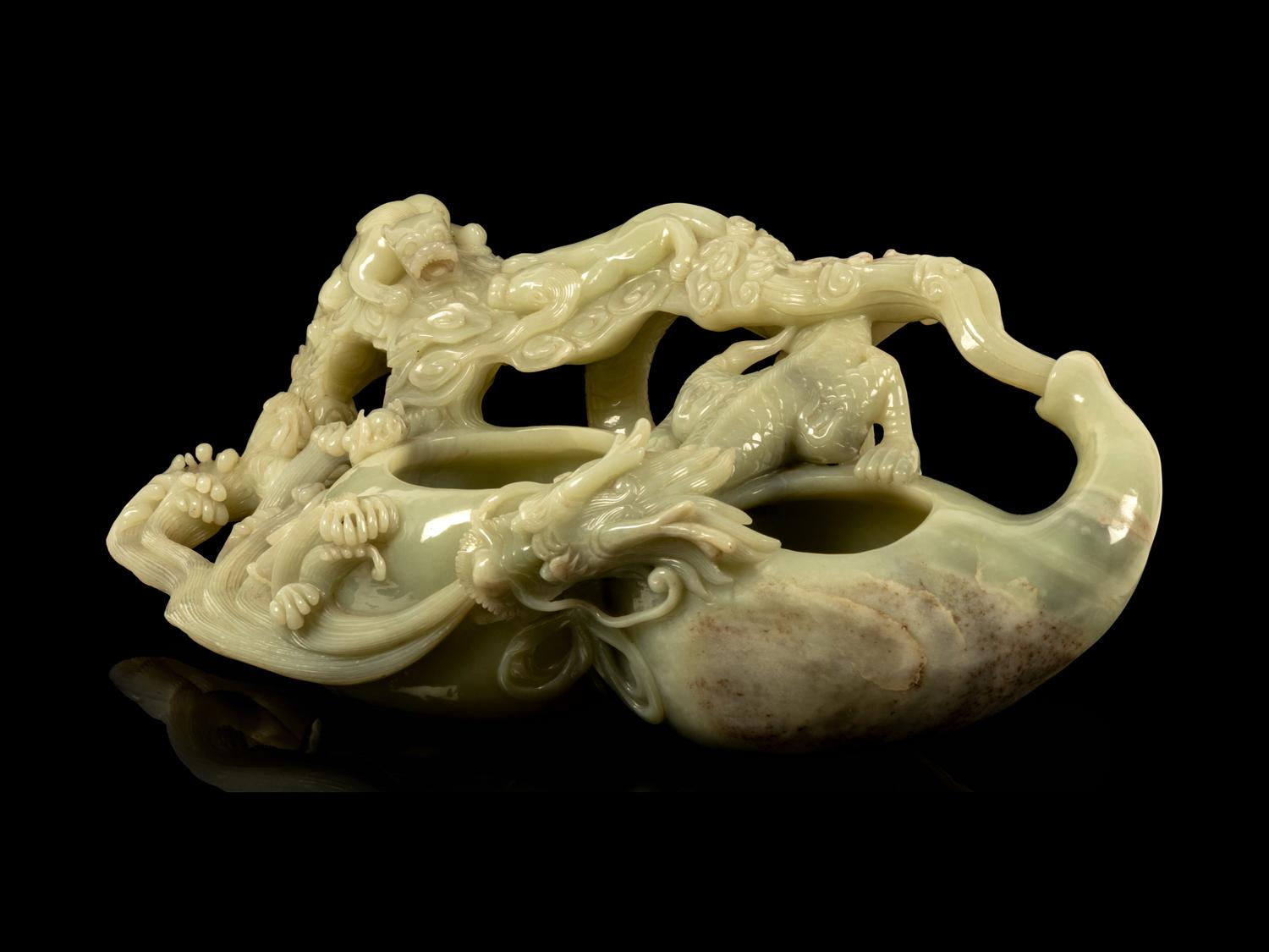 A Large Chinese Celadon Jade 'Dragon on Gourd' Brush Washer