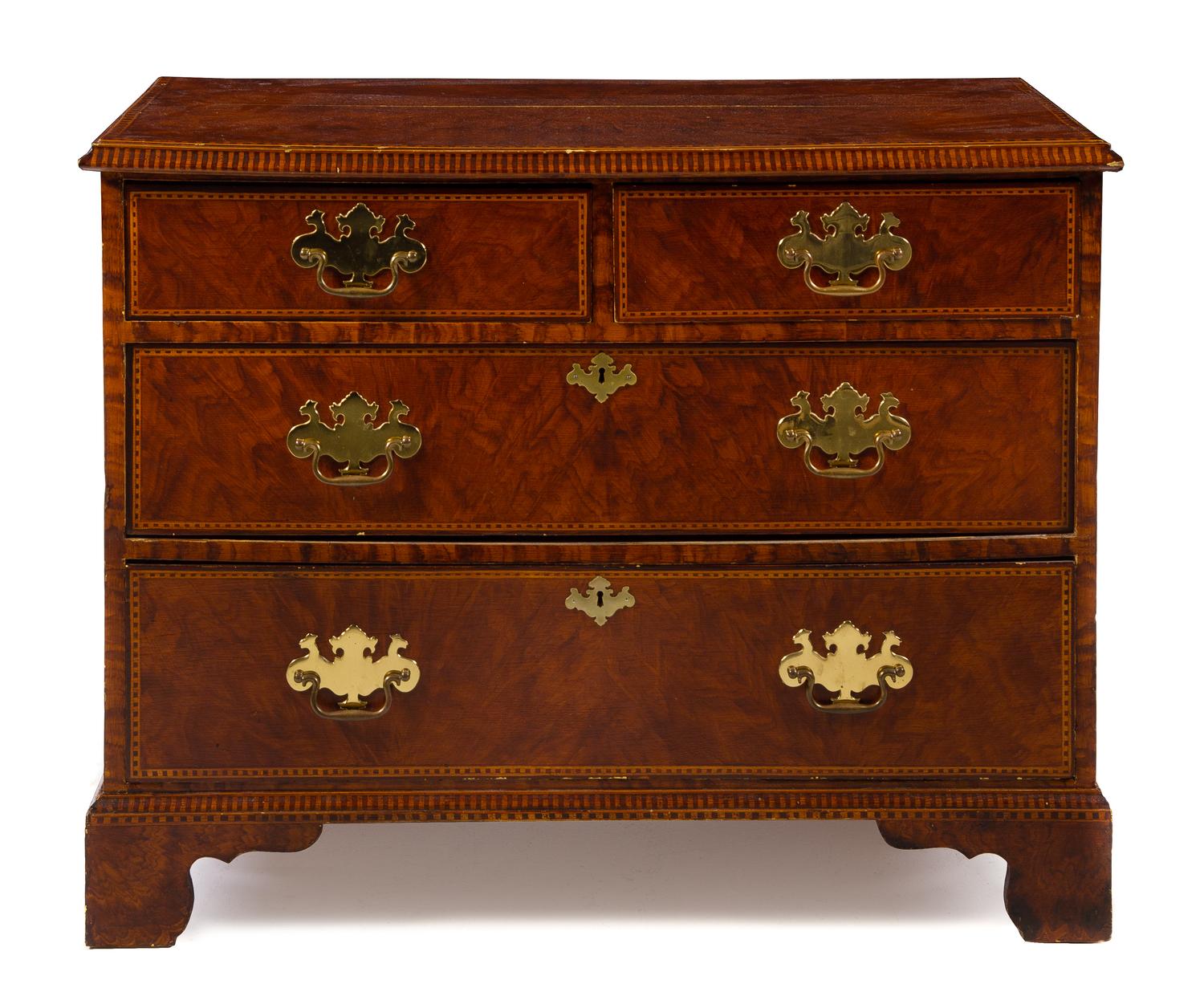 A Faux Burlwood Chest of Drawers Height 30 x width 38 1/4 x depth 18 inches.