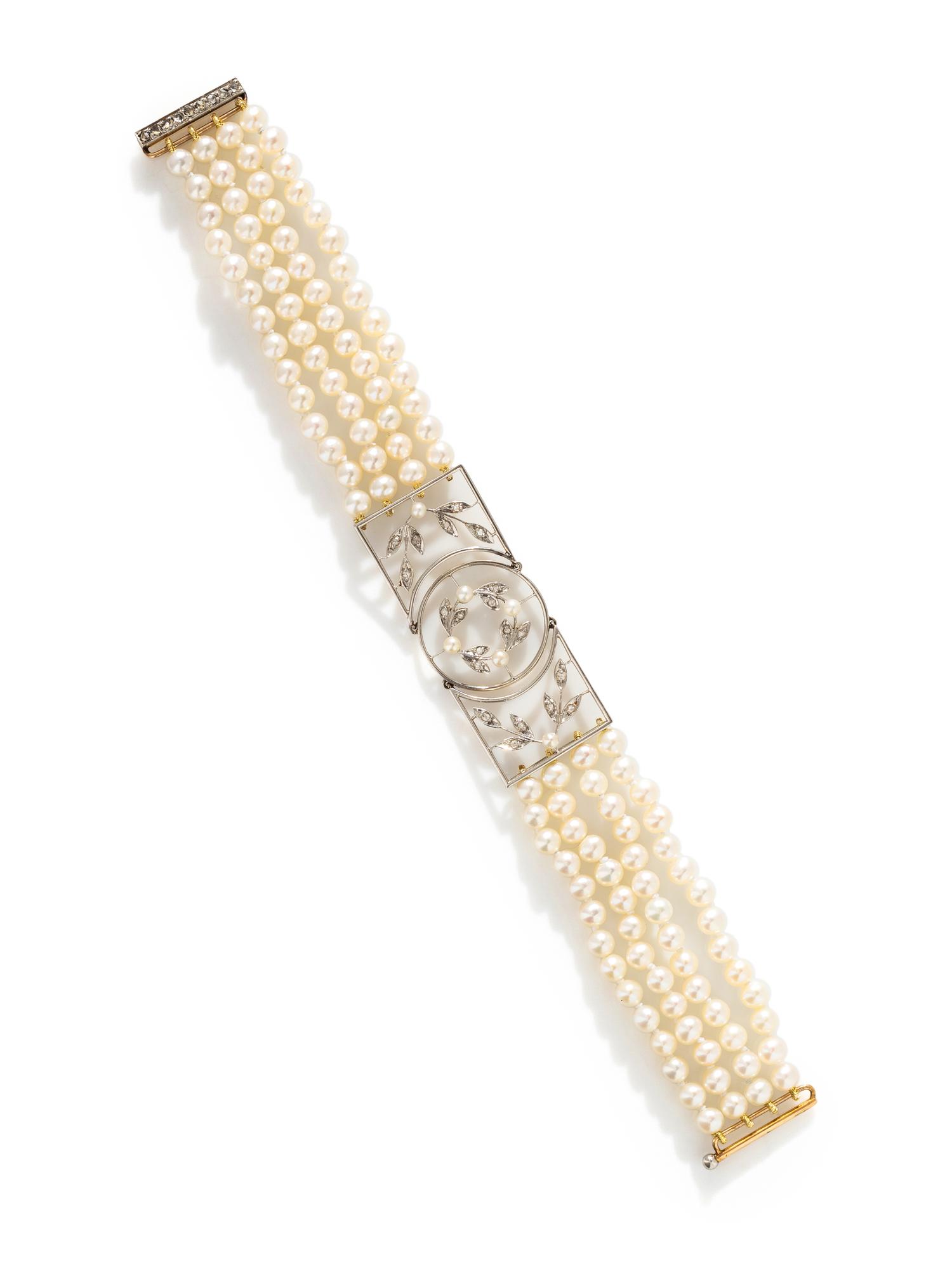 ANTIQUE, PLATINUM-TOPPED GOLD, CULTURED PEARL AND DIAMOND BRACELET