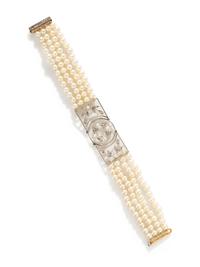 ANTIQUE, PLATINUM-TOPPED GOLD, CULTURED PEARL AND DIAMOND BRACELET