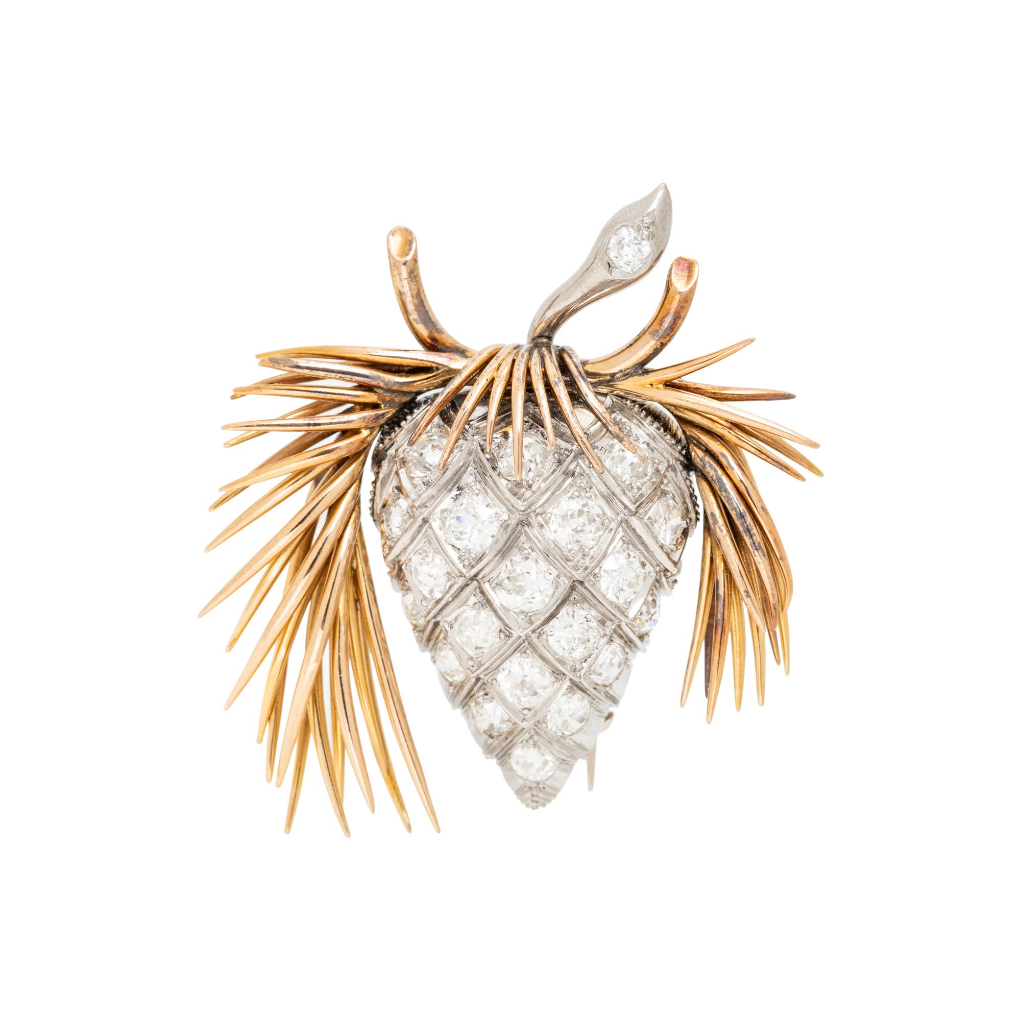 YELLOW GOLD, PLATINUM, AND DIAMOND PINECONE BROOCH