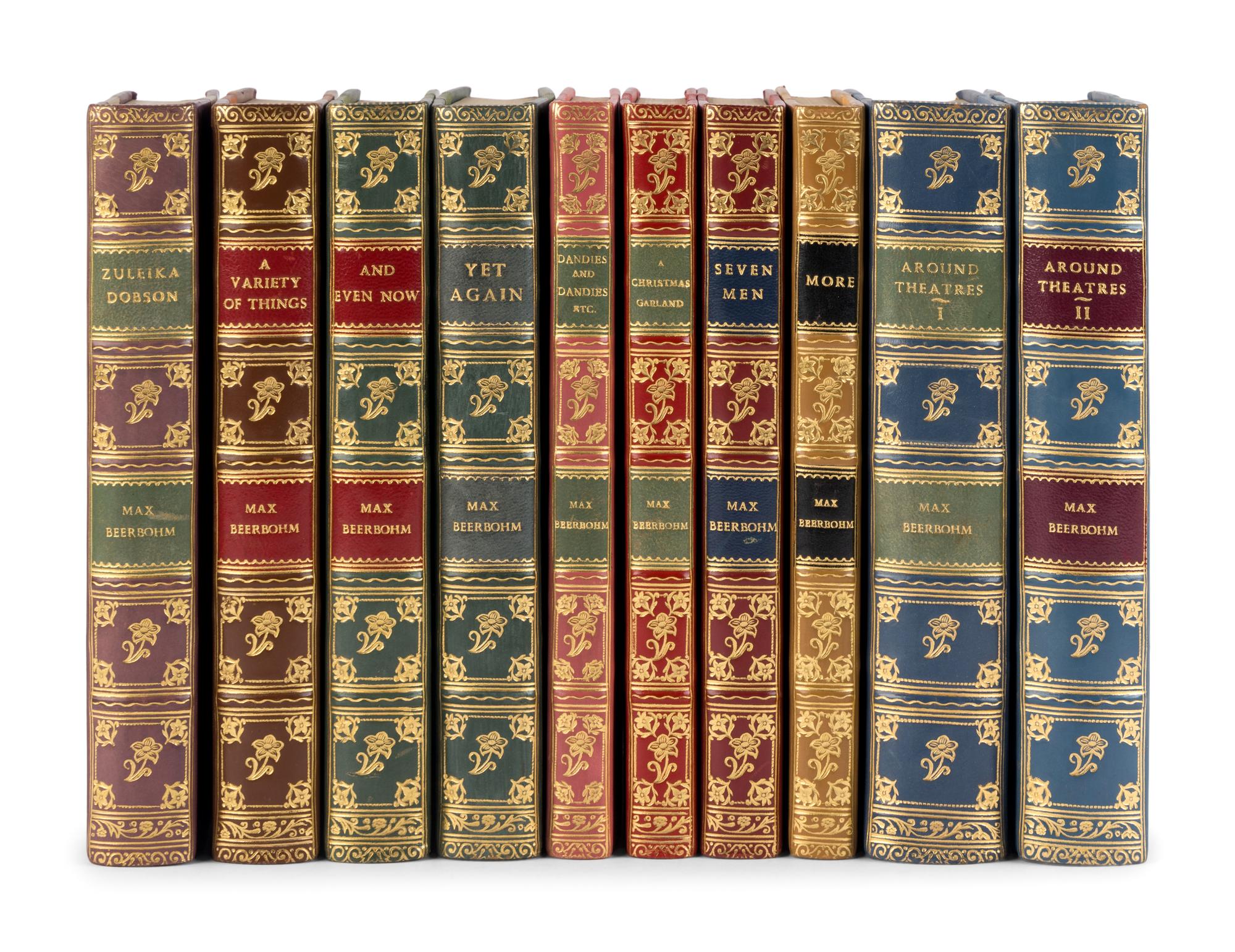 [BINDINGS]. BEERBOHM, Max (1872-1956). [ The Works ]. The Works of Max Beerbohm . -- More . -- Yet Again . -- And Even Now . -- A Christmas Garland . -- Zuleika Dobson . -- Seven Men . -- Around Theatres . 2 volumes. -- A Variety of Things . London: William Heinemann, 1922-1928.