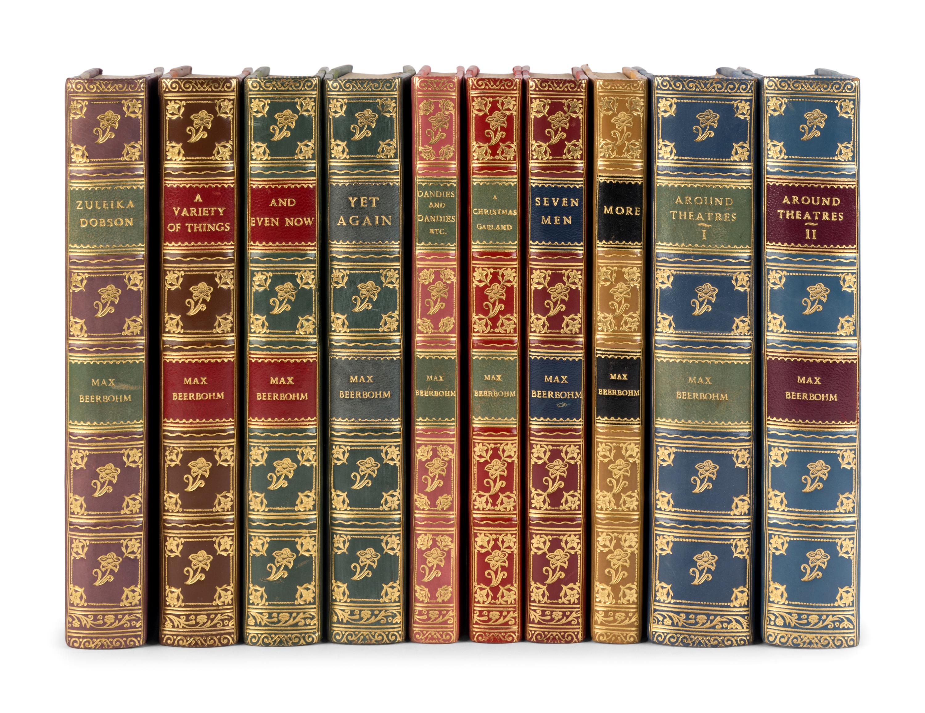 [BINDINGS]. BEERBOHM, Max (1872-1956). [ The Works ]. The Works of Max Beerbohm . -- More . -- Yet Again . -- And Even Now . -- A Christmas Garland . -- Zuleika Dobson . -- Seven Men . -- Around Theatres . 2 volumes. -- A Variety of Things . London: William Heinemann, 1922-1928.
