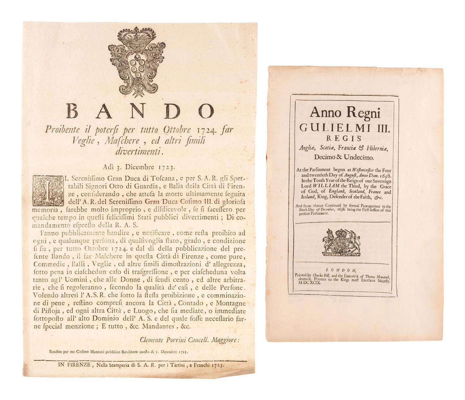 [CRIME & PUNISHMENT]. Publications banning entertaining diversions, including a broadside issued by Cosimo III de' Medici and a pamphlet issued by William III of England. [ With :] Pennsylvania Gazette St. Paul's Lottery numbers, 1761 and 1776 United States Lottery printed by John Dunlap.