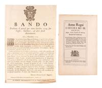 [CRIME & PUNISHMENT]. Publications banning entertaining diversions, including a broadside issued by Cosimo III de' Medici and a pamphlet issued by William III of England. [ With :] Pennsylvania Gazette St. Paul's Lottery numbers, 1761 and 1776 United States Lottery printed by John Dunlap.