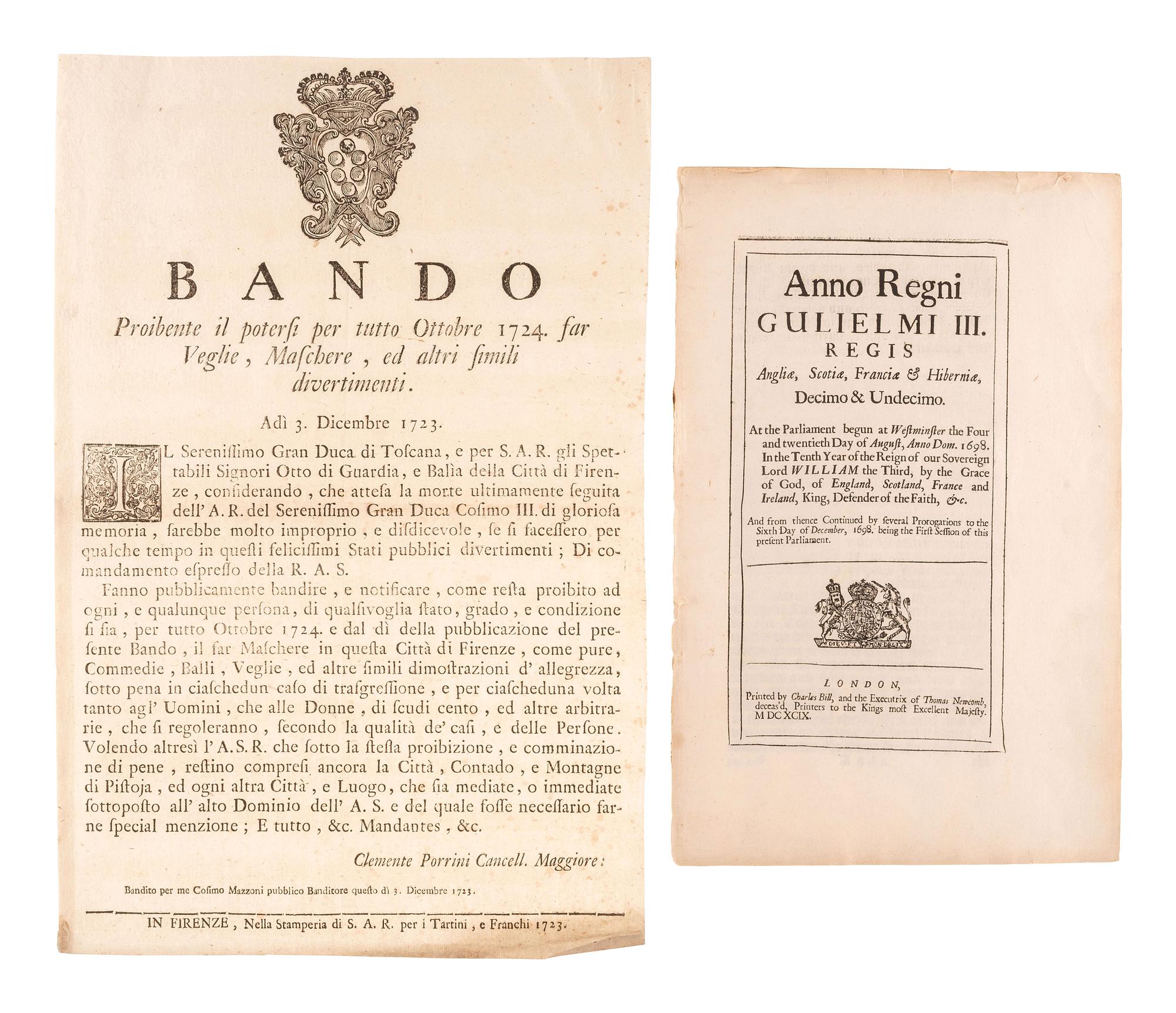 [CRIME & PUNISHMENT]. Publications banning entertaining diversions, including a broadside issued by Cosimo III de' Medici and a pamphlet issued by William III of England. [ With :] Pennsylvania Gazette St. Paul's Lottery numbers, 1761 and 1776 United States Lottery printed by John Dunlap.