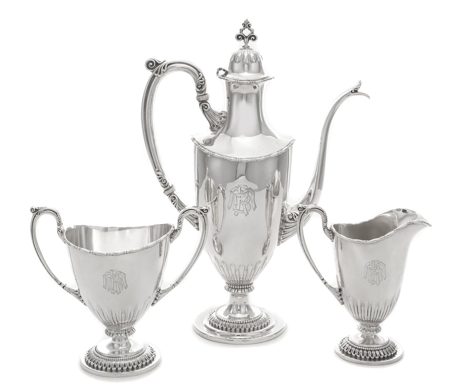 An American Silver Three-Piece Demitasse Coffee Set, Reed & Barton, Taunton, MA, 20th Century, comprising a coffee pot, a creamer and a