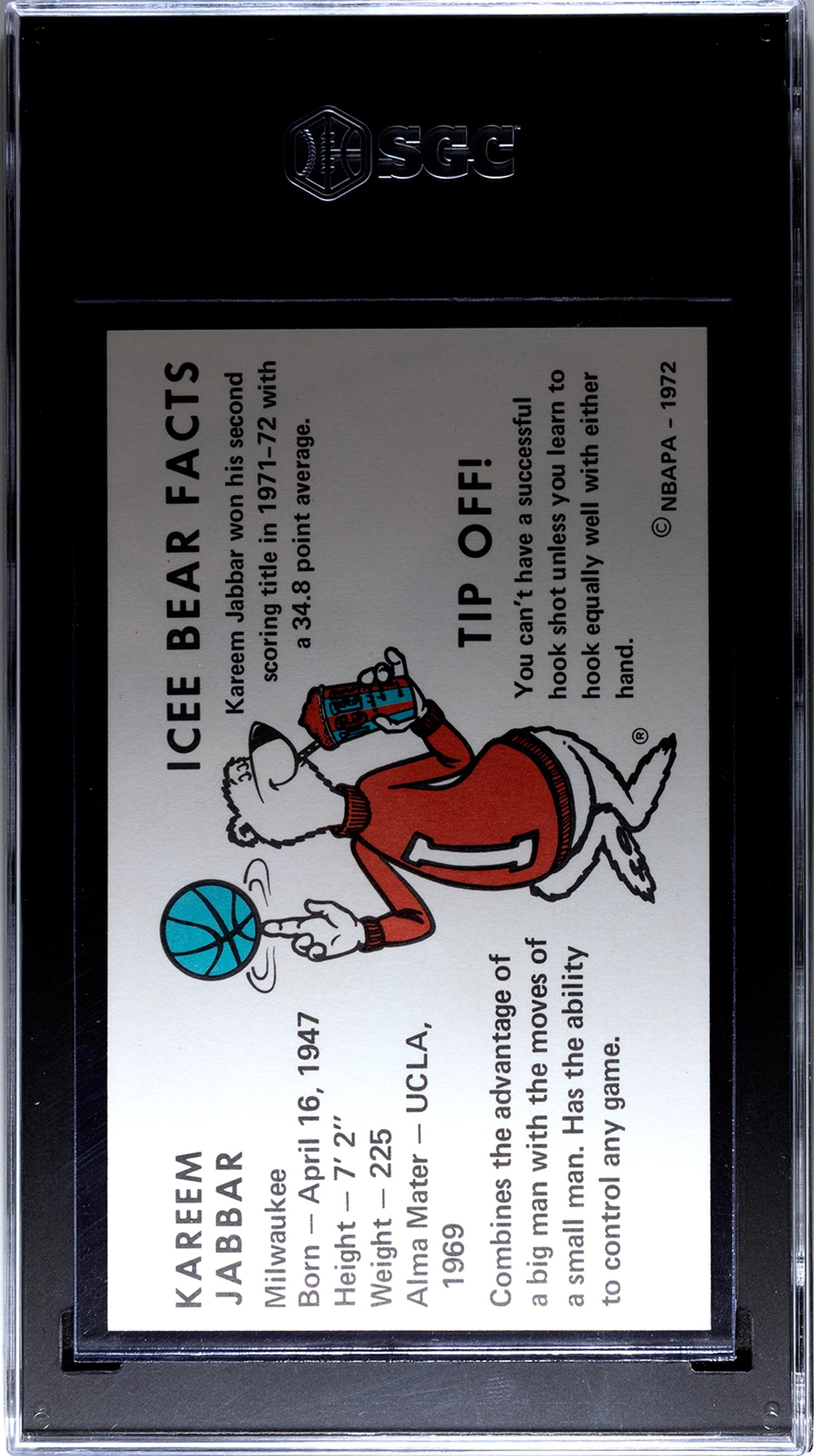 A 1972 Milwaukee Bucks Icee Bear Kareem Abdul-Jabbar Basketball Card (SGC 5 EX)