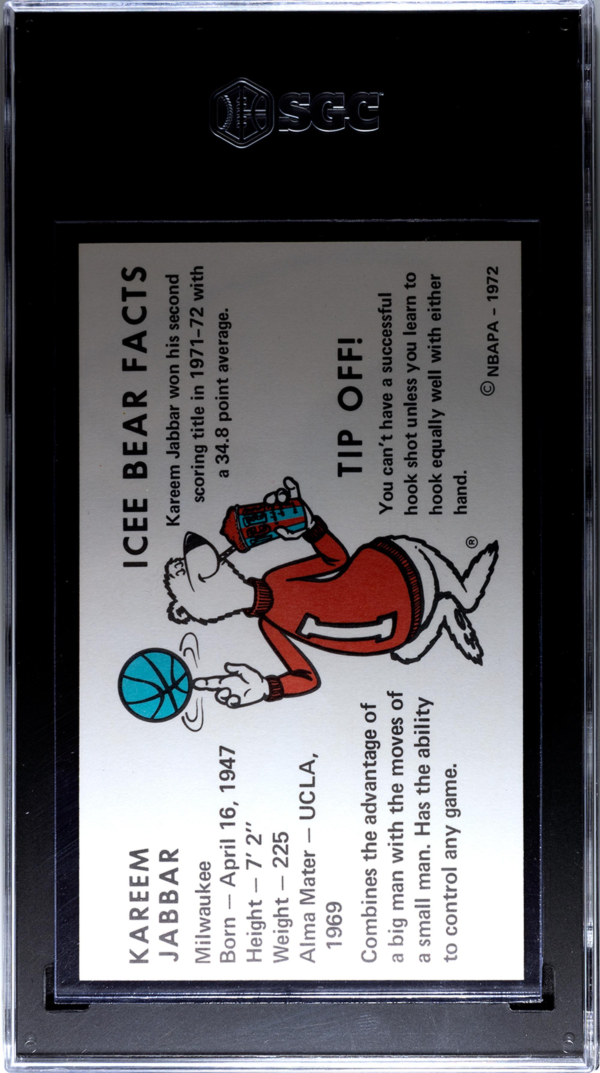 A 1972 Milwaukee Bucks Icee Bear Kareem Abdul-Jabbar Basketball Card (SGC 5 EX)