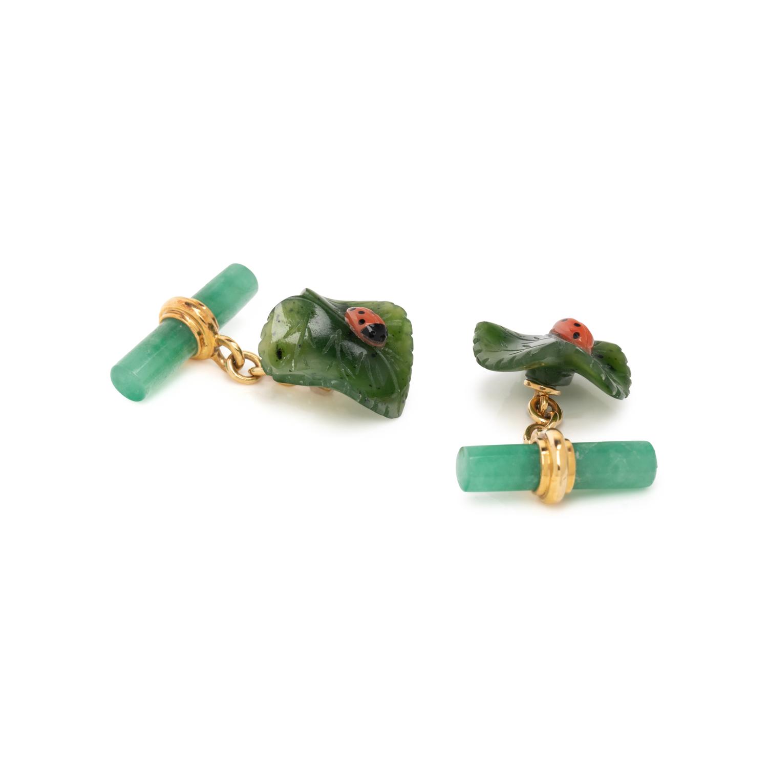 NEPHRITE, CORAL AND JADE LADYBUG CUFFLINKS