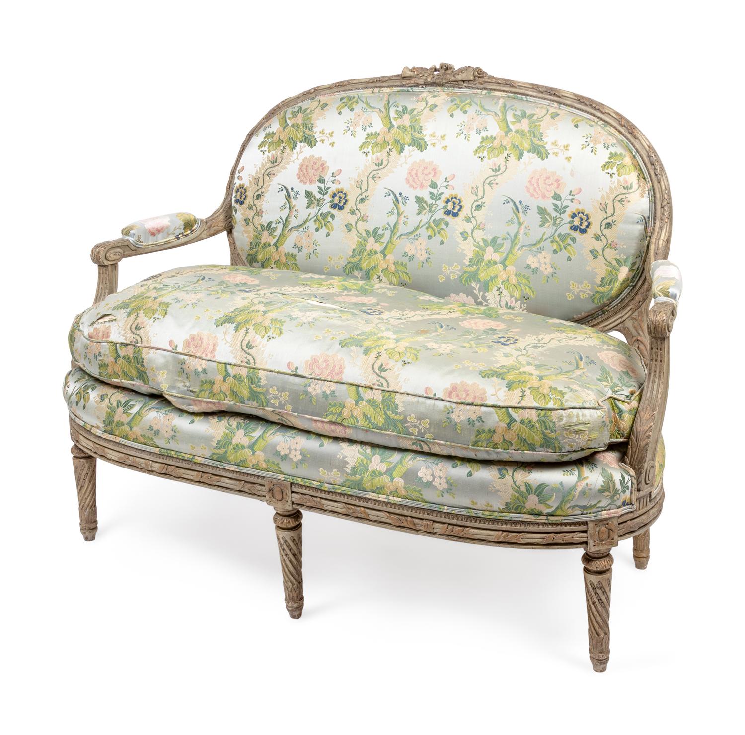 A Louis XVI Style Grey Painted Upholstered Settee