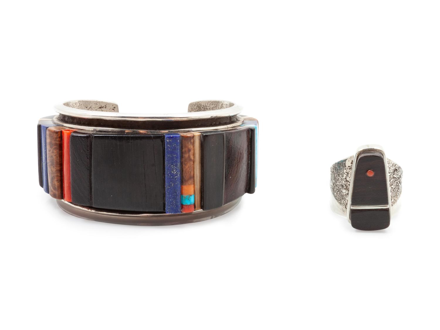 Rare Woods, Turquoise, Lapis Cuff, together with Silver and Wood Ring