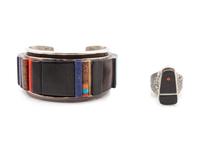 Rare Woods, Turquoise, Lapis Cuff, together with Silver and Wood Ring