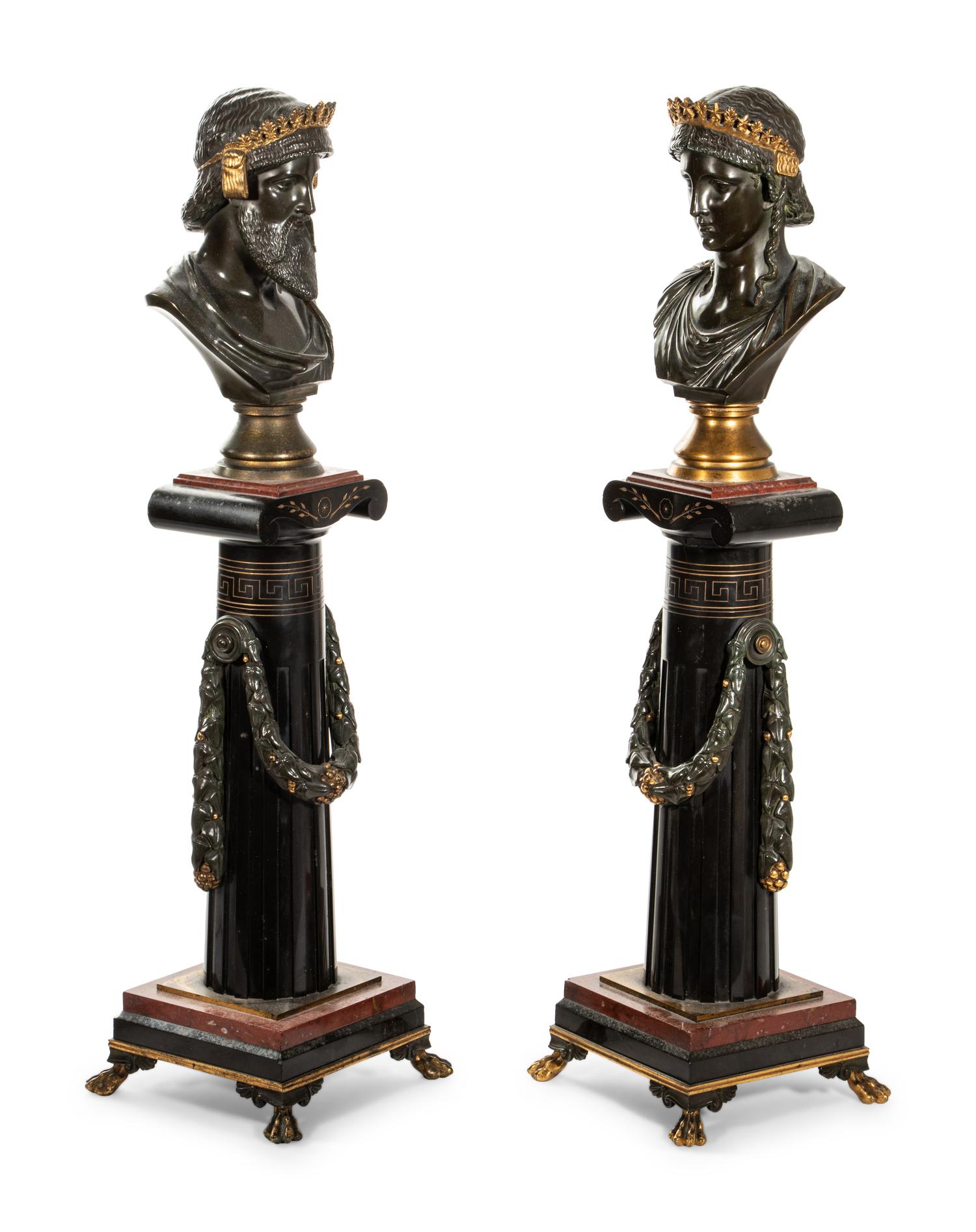 A Pair of French Bronze and Marble Busts by Pierre-Eugène-Émile Hébert (French, 1828-1893)