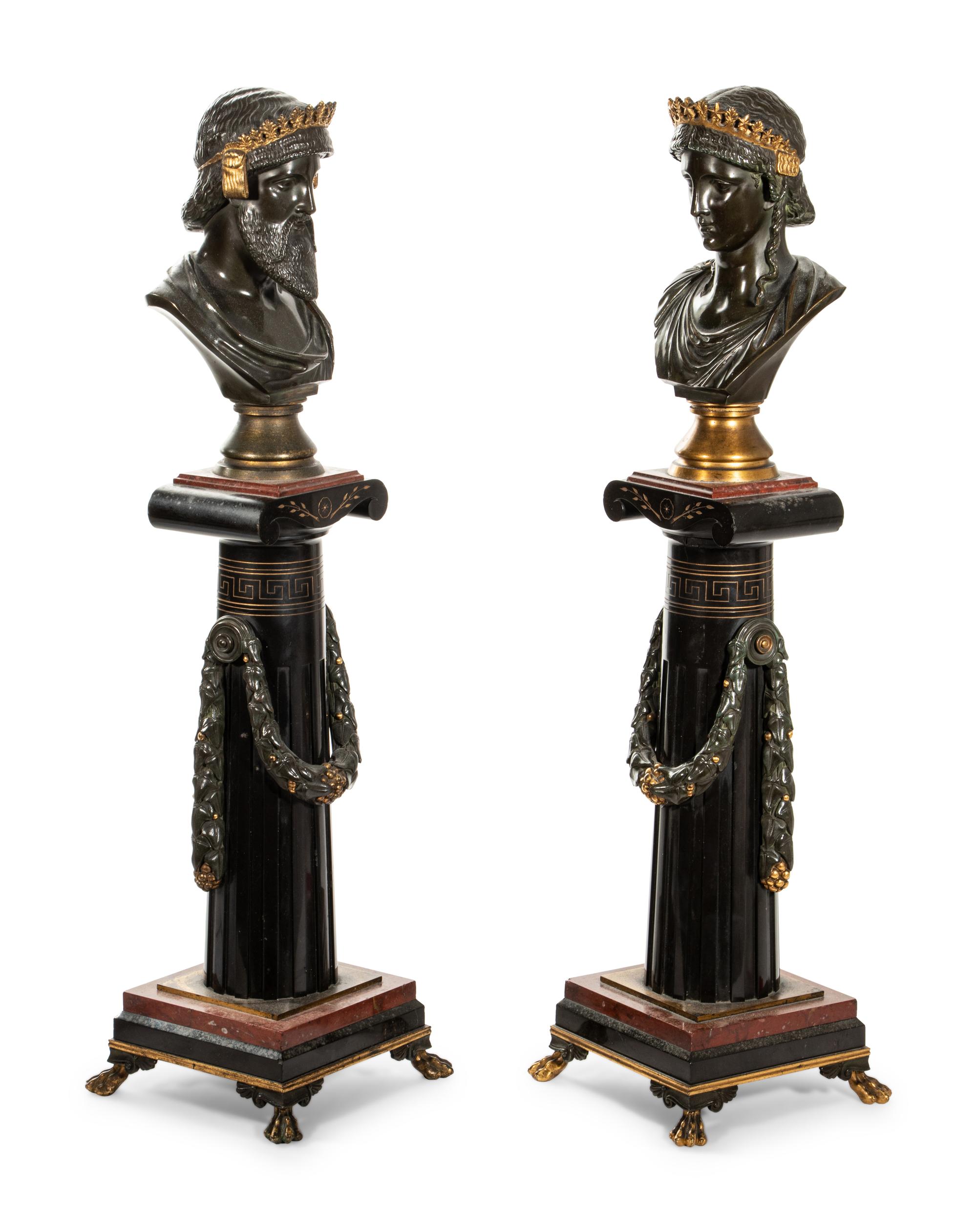 A Pair of French Bronze and Marble Busts by Pierre-Eugène-Émile Hébert (French, 1828-1893)