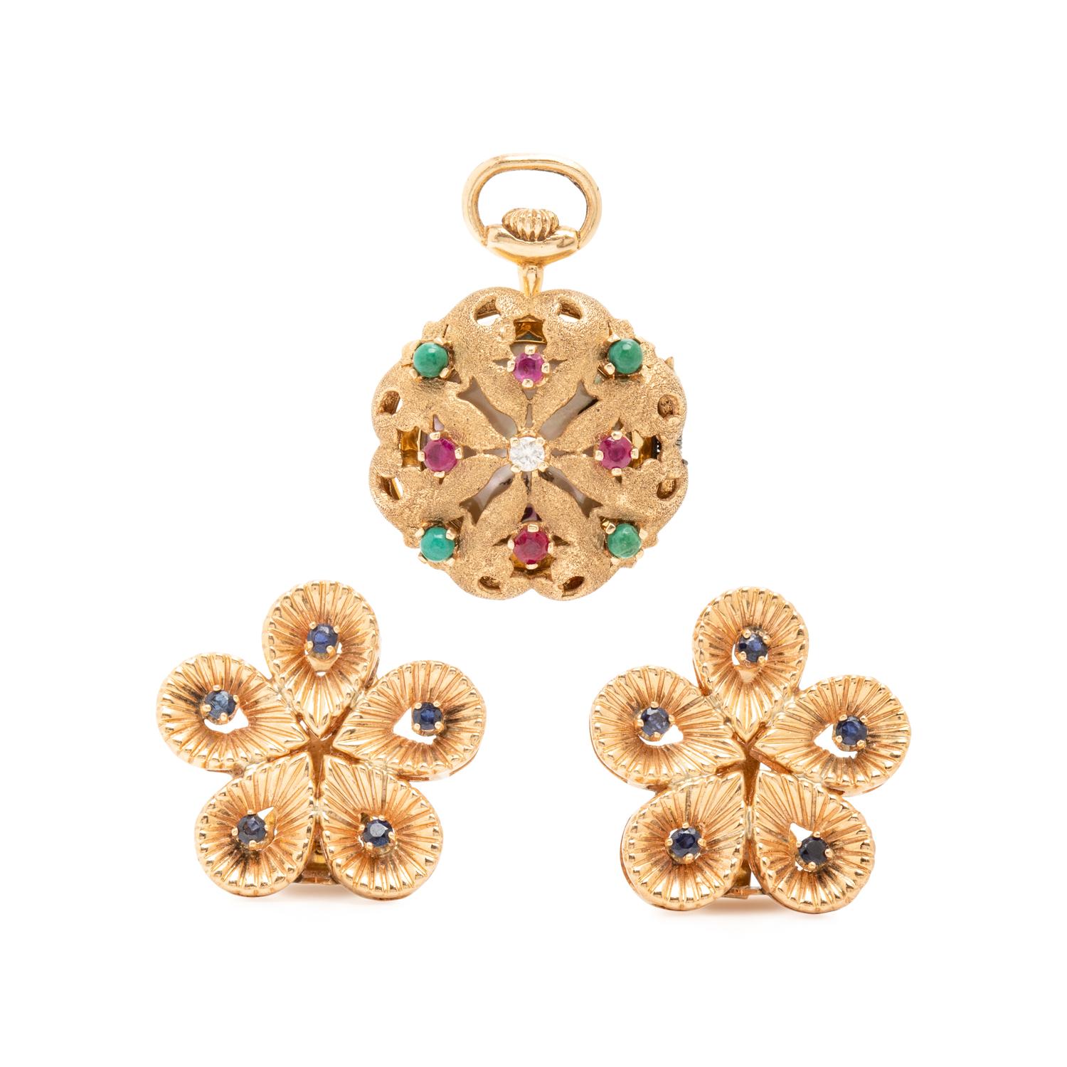 Yellow Gold and Multigem Pocket Watch and Flower Earrings
