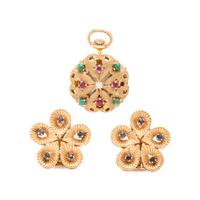 Yellow Gold and Multigem Pocket Watch and Flower Earrings