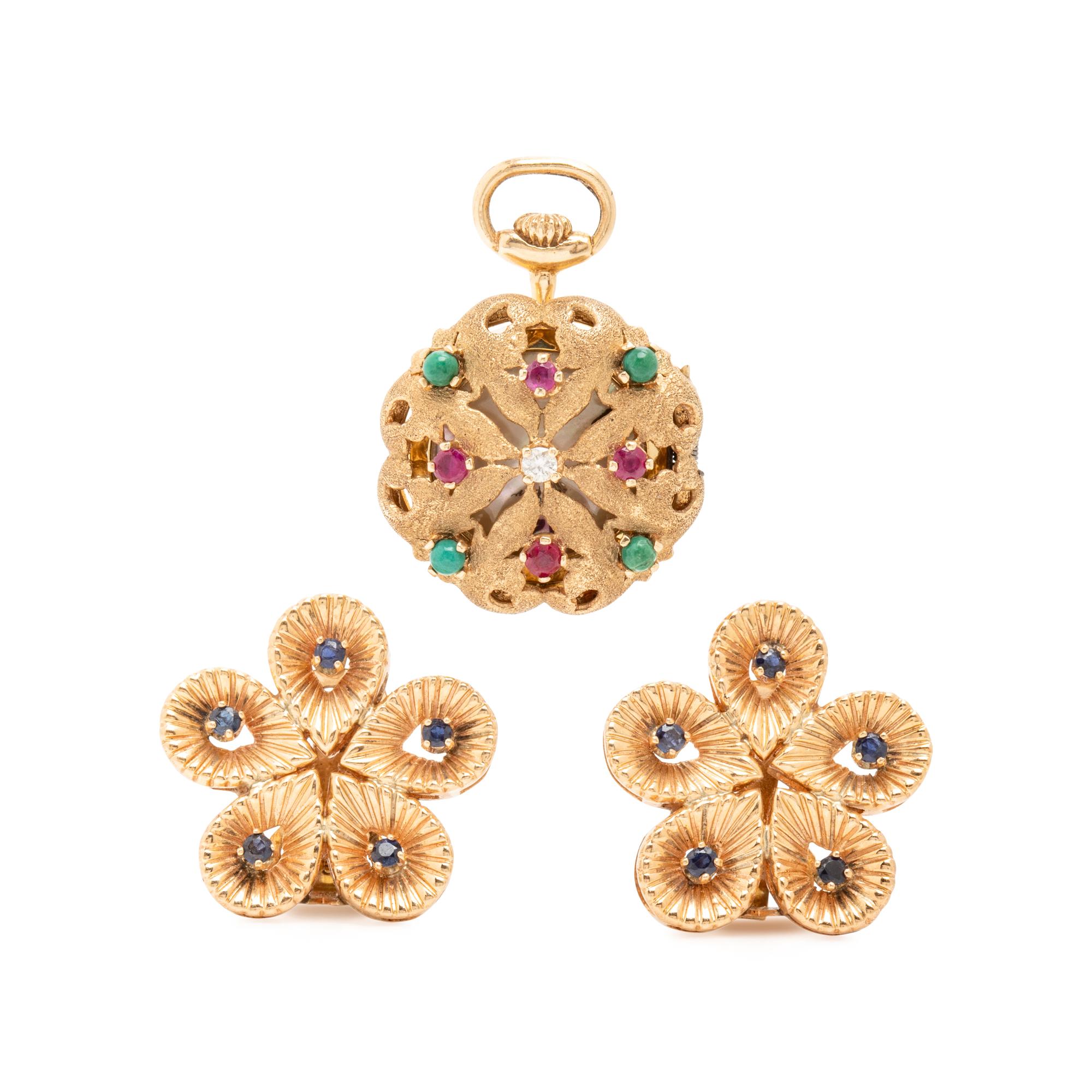Yellow Gold and Multigem Pocket Watch and Flower Earrings