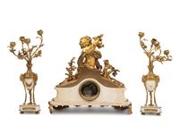An Assembled French Gilt Bronze Mounted Marble Three-Piece Clock Garniture