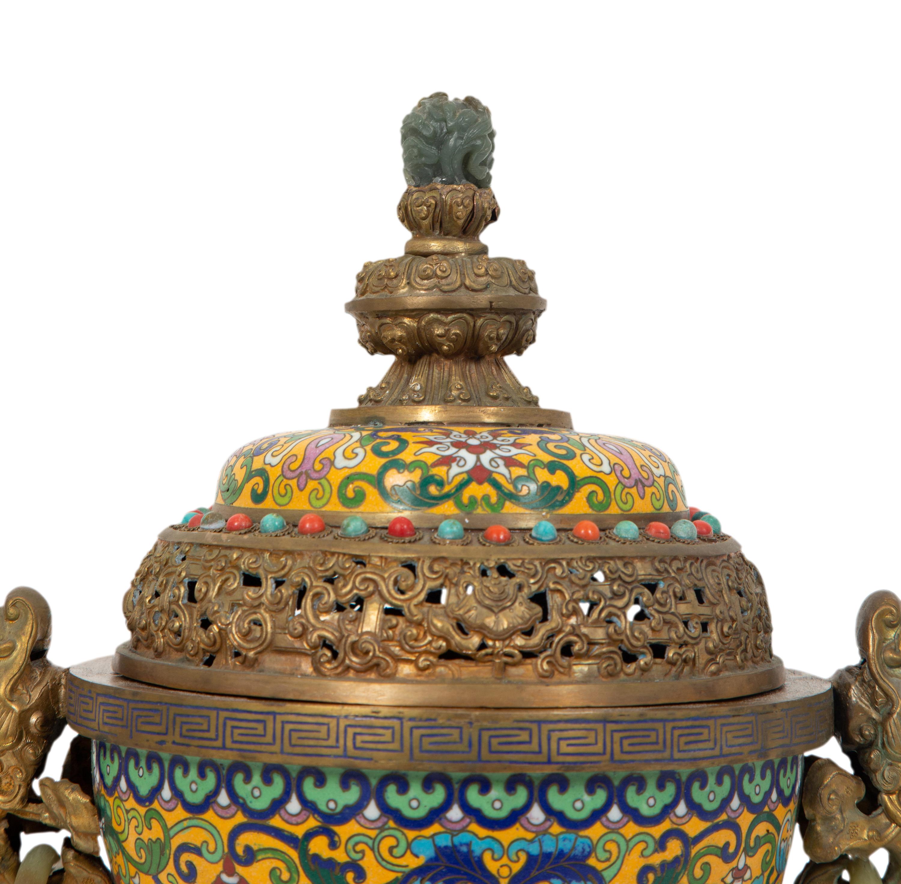 A Chinese Cloisonne Censer with Jade Ring Handles