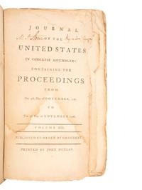 18th Century Americana [REVOLUTIONARY WAR] -- [CONTINENTAL CONGRESS]. Journal of the United States in Congress as­sembled: containing the Proceedings from the 5th Day of November, 1787 to the third Day of November, 1788 . Volume XIII . [Philadelphia]: John Dunlap, [1788].