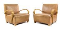 A Pair of American Maple and Leather Lounge Chairs, Height 30 inches
