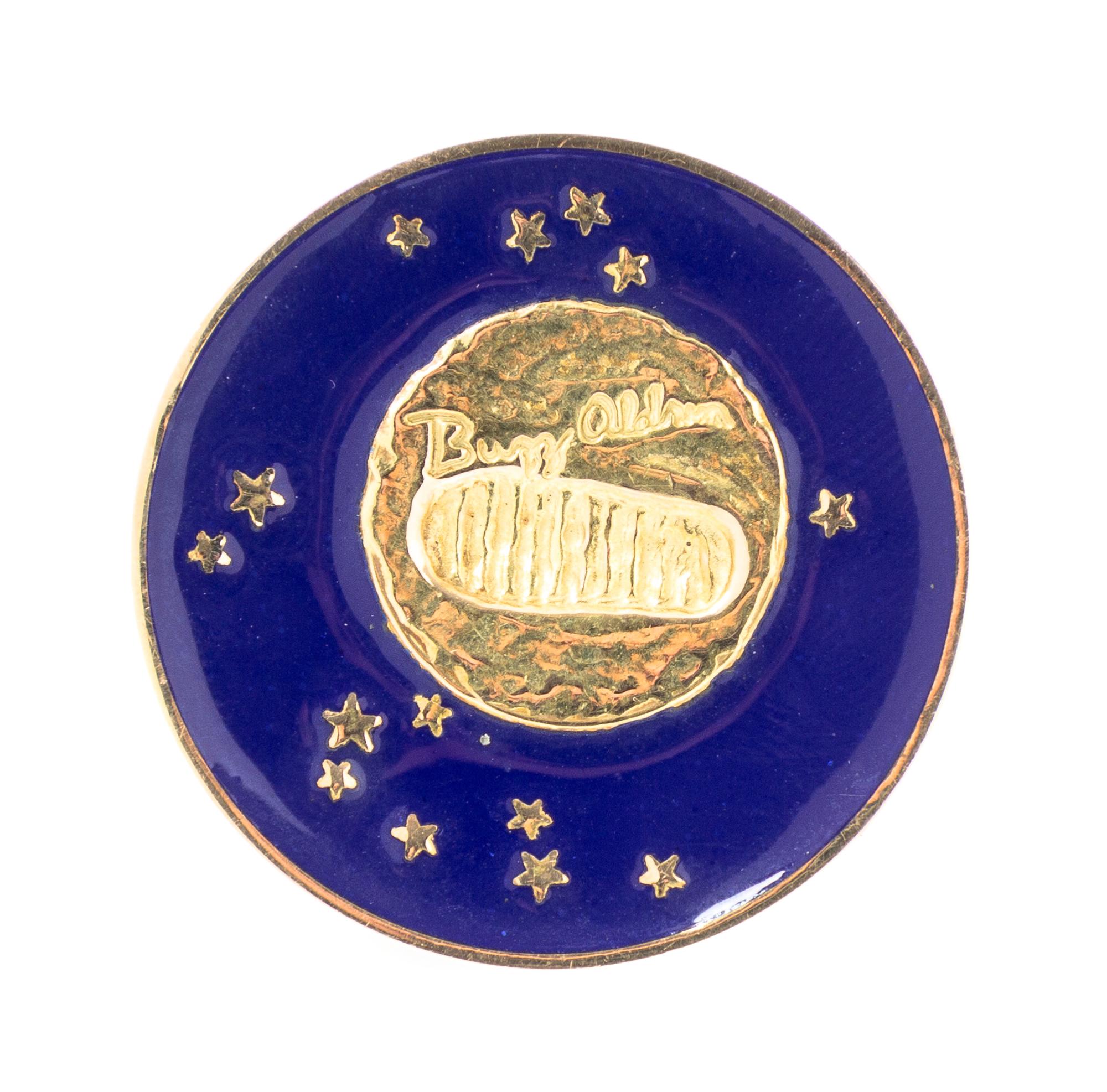 A 14 Karat Yellow Gold & Blue Enamel Miniature Reproduction of Buzz Aldrin's Footprint Brooch, Tiffany & Co., 10.20 dwts.