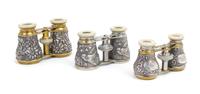 Three Pairs of French Silver and Silvered Opera Glasses, Width of widest 4 1/4 inches.