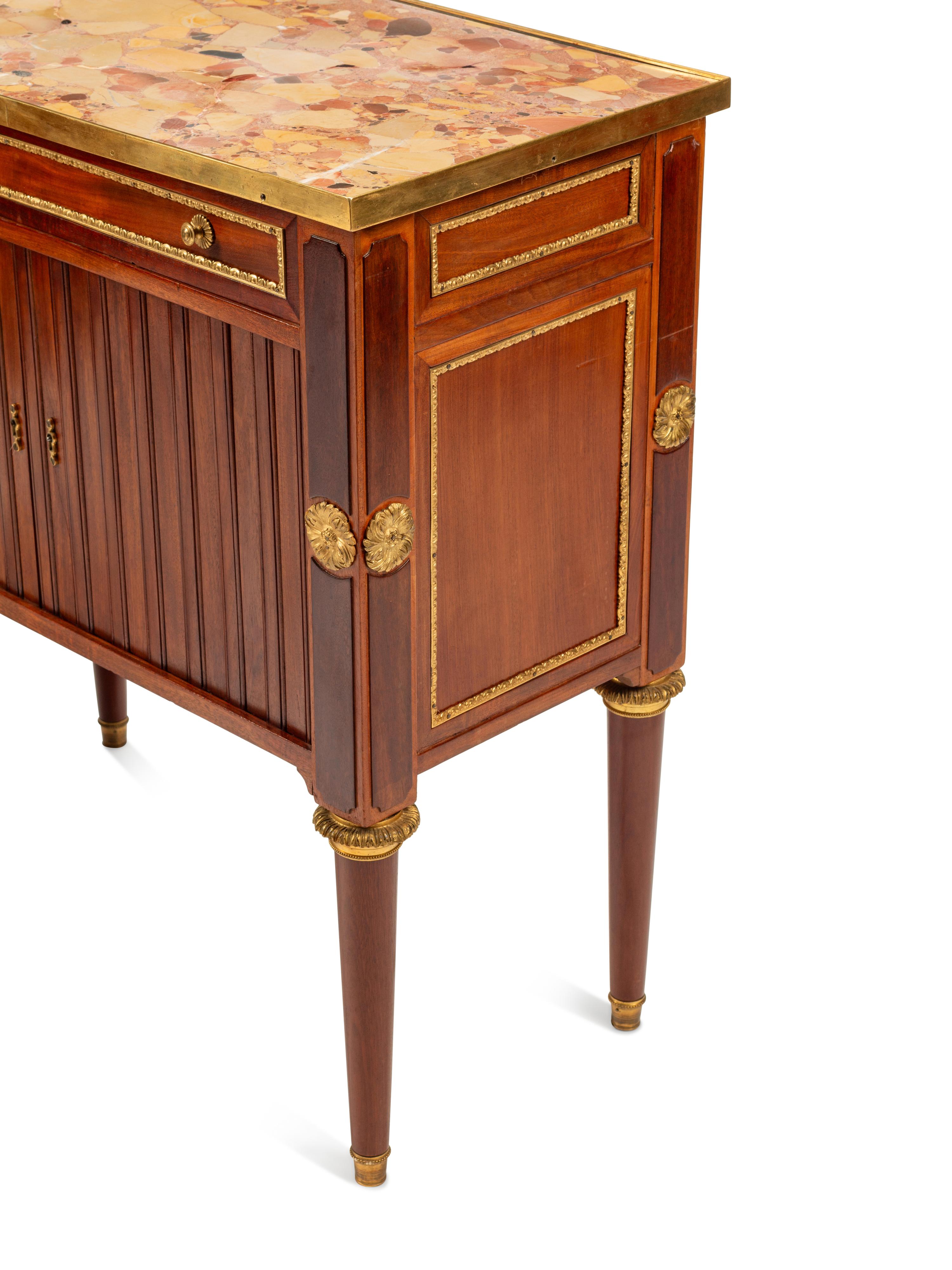A Pair of Baltic Neoclassical Gilt Bronze Mounted Mahogany Marble-Top Side Cabinets