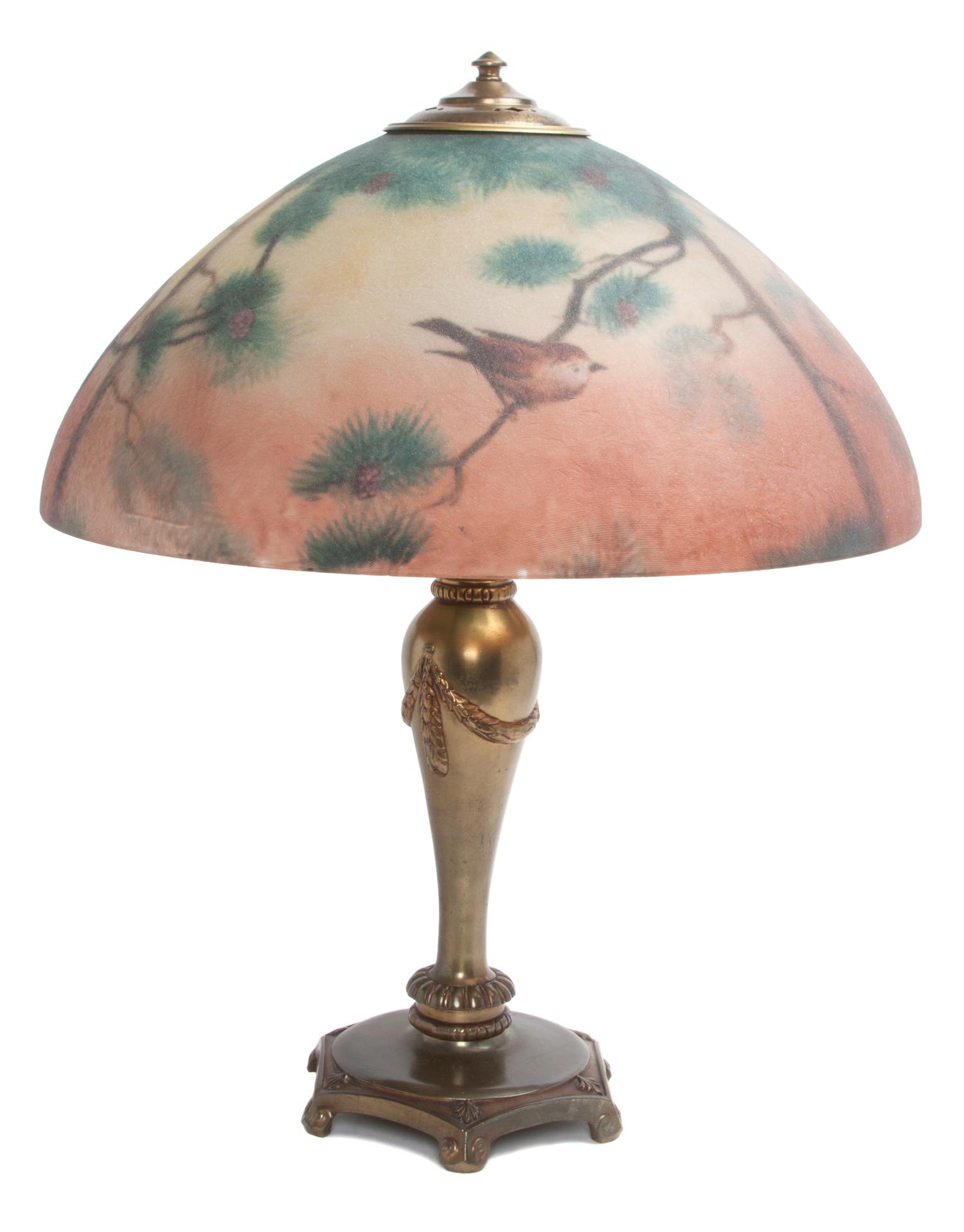 A Classique Art Nouveau Reverse Painted Table Lamp Diameter of shade 18 x height overall 23 inches.