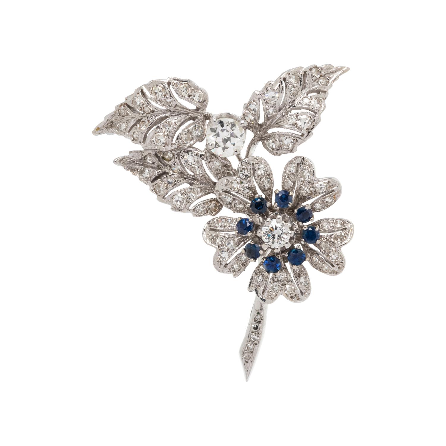 DIAMOND AND SAPPHIRE FLOWER BROOCH