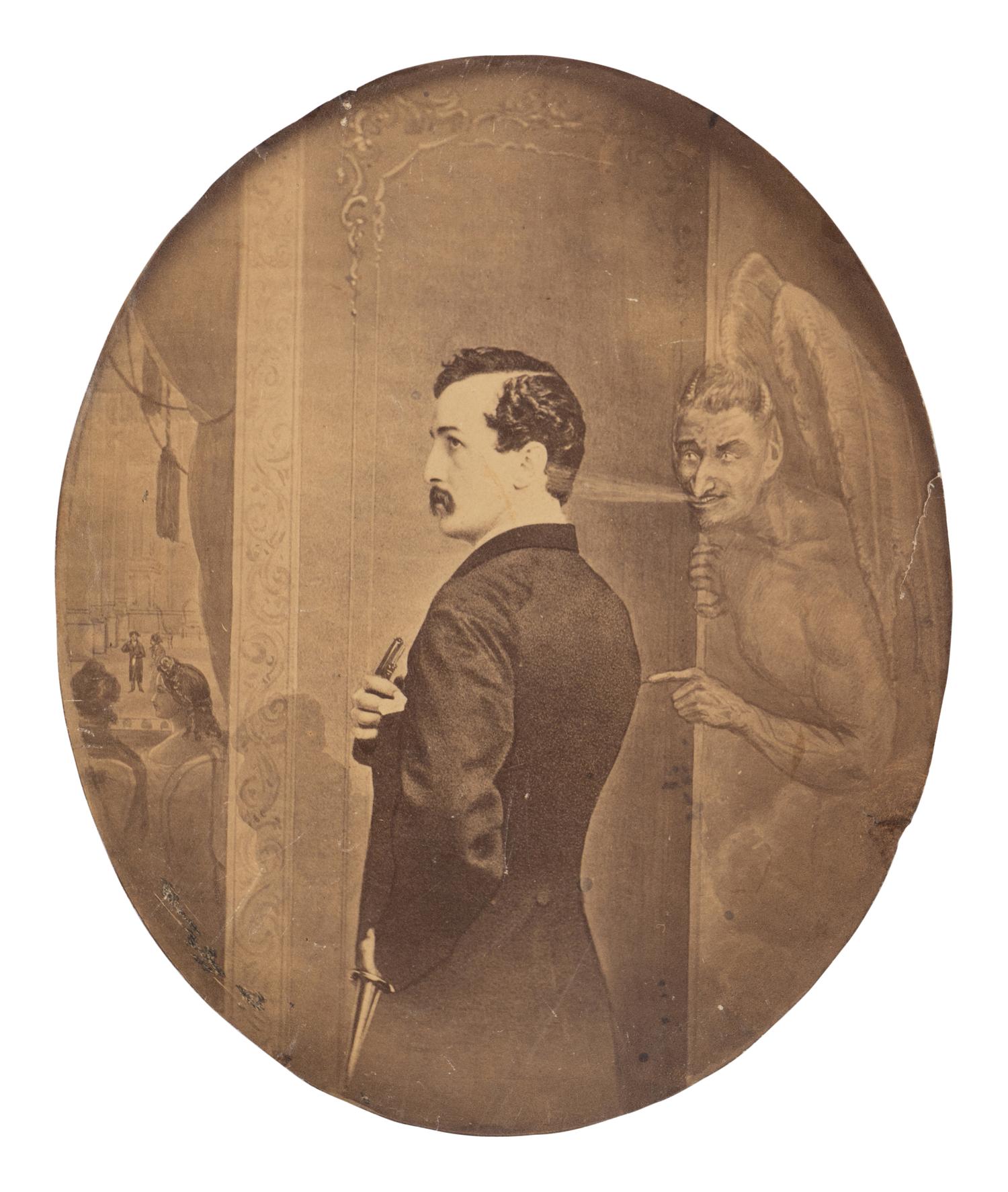 [BOOTH, John Wilkes (1838-1865)]. Large format albumen print depicting John Wilkes Booth tempted by Satan to murder Abraham Lincoln. [New York: Macoy and Herwig, 1865].