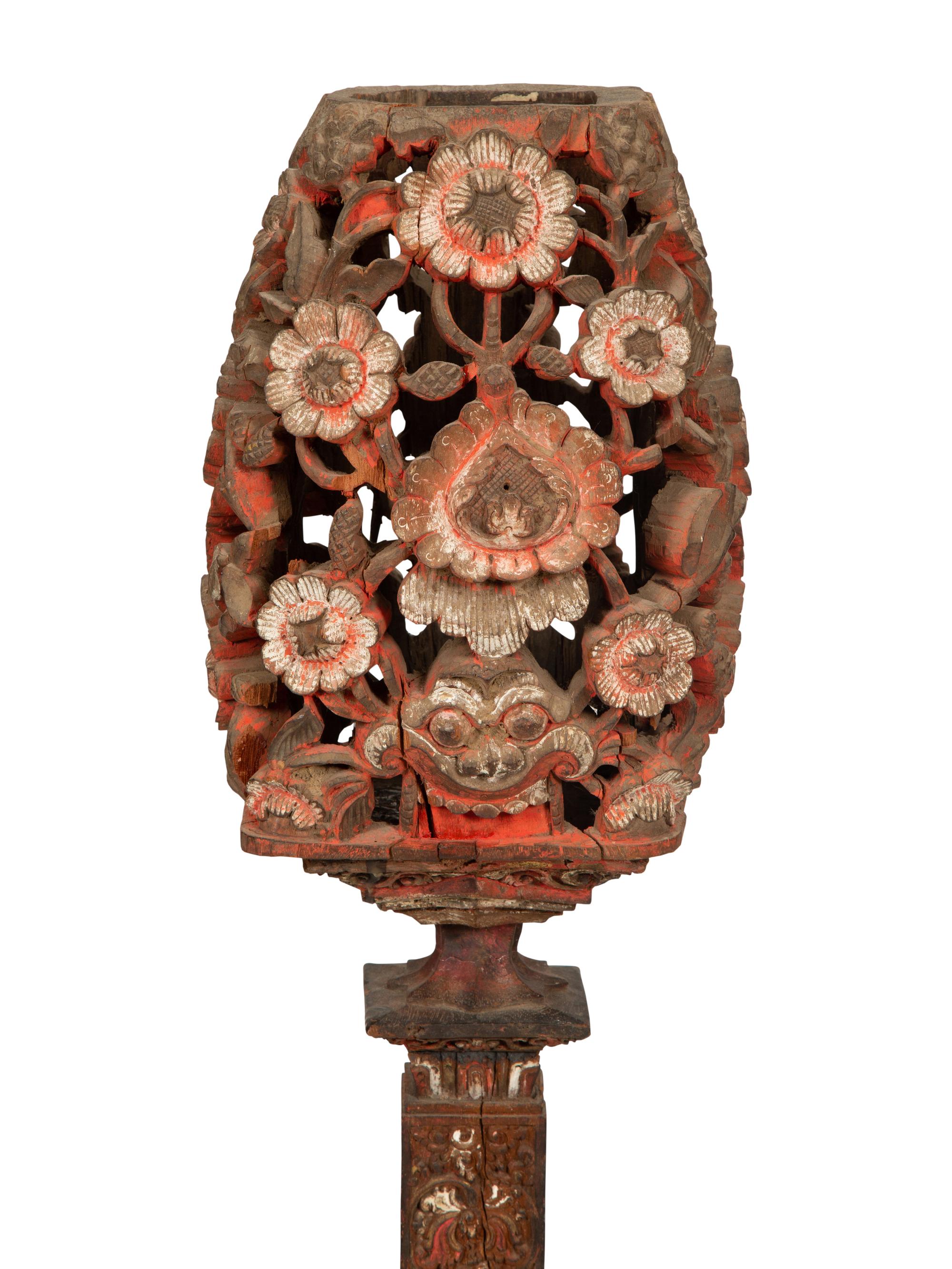 A Chinese Carved and Polychromed Wood Torchère