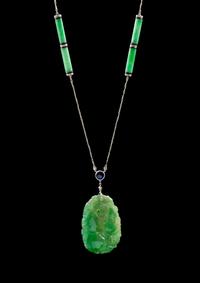 A Chinese Art Deco Jadeite, Platinum, Sapphire and Diamond Necklace Height of jadeite pendant 1 7/8 inches.