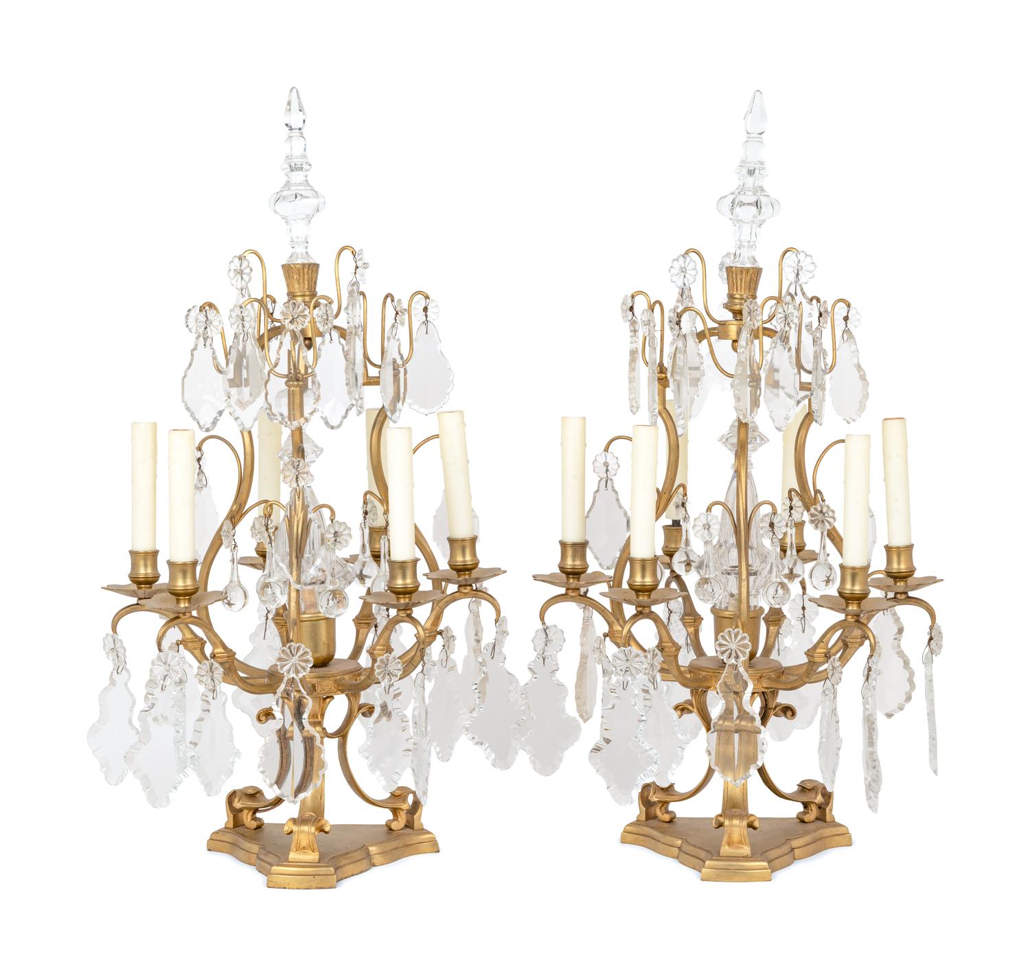 A Pair of French Gilt Metal Six-Light Candelabra Converted to Electricity