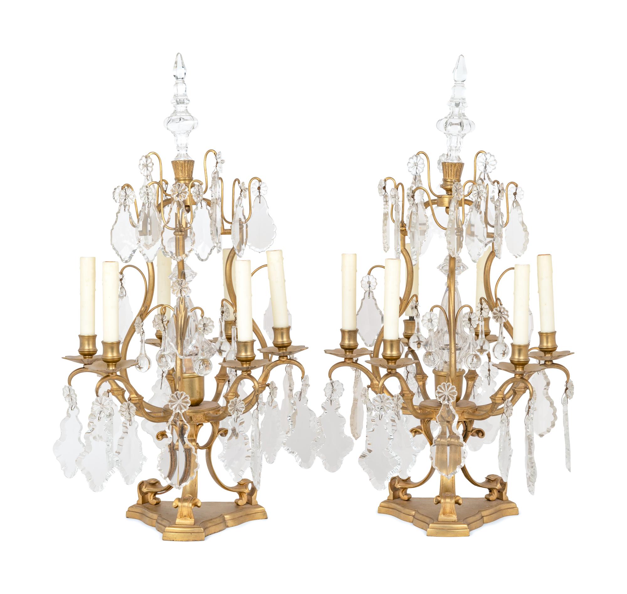 A Pair of French Gilt Metal Six-Light Candelabra Converted to Electricity