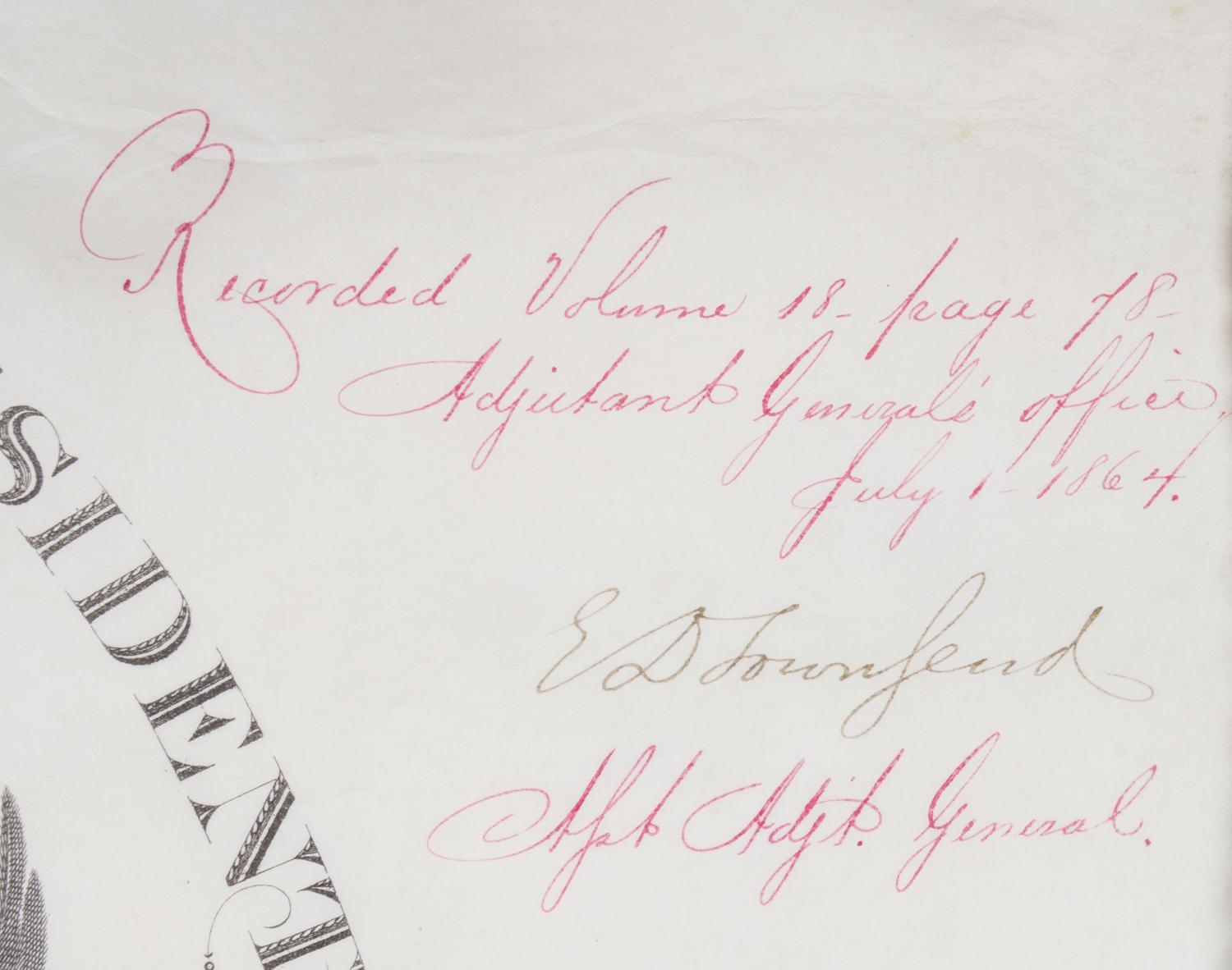 LINCOLN, ABRAHAM. Partially printed document signed. Dated July 1, 1864.