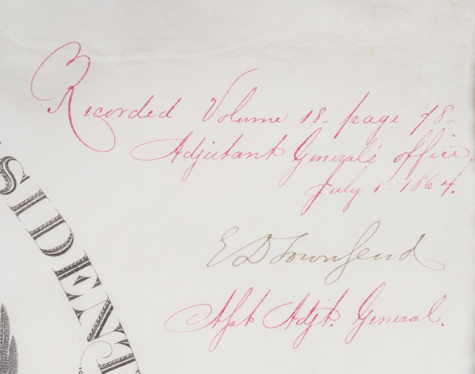 LINCOLN, ABRAHAM. Partially printed document signed. Dated July 1, 1864.