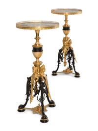 A Pair of French Neoclassical Style Gilt and Patinated Bronze Marble-Top Tables