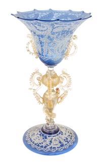An Italian Enameled Glass Compote Height 11 inches.