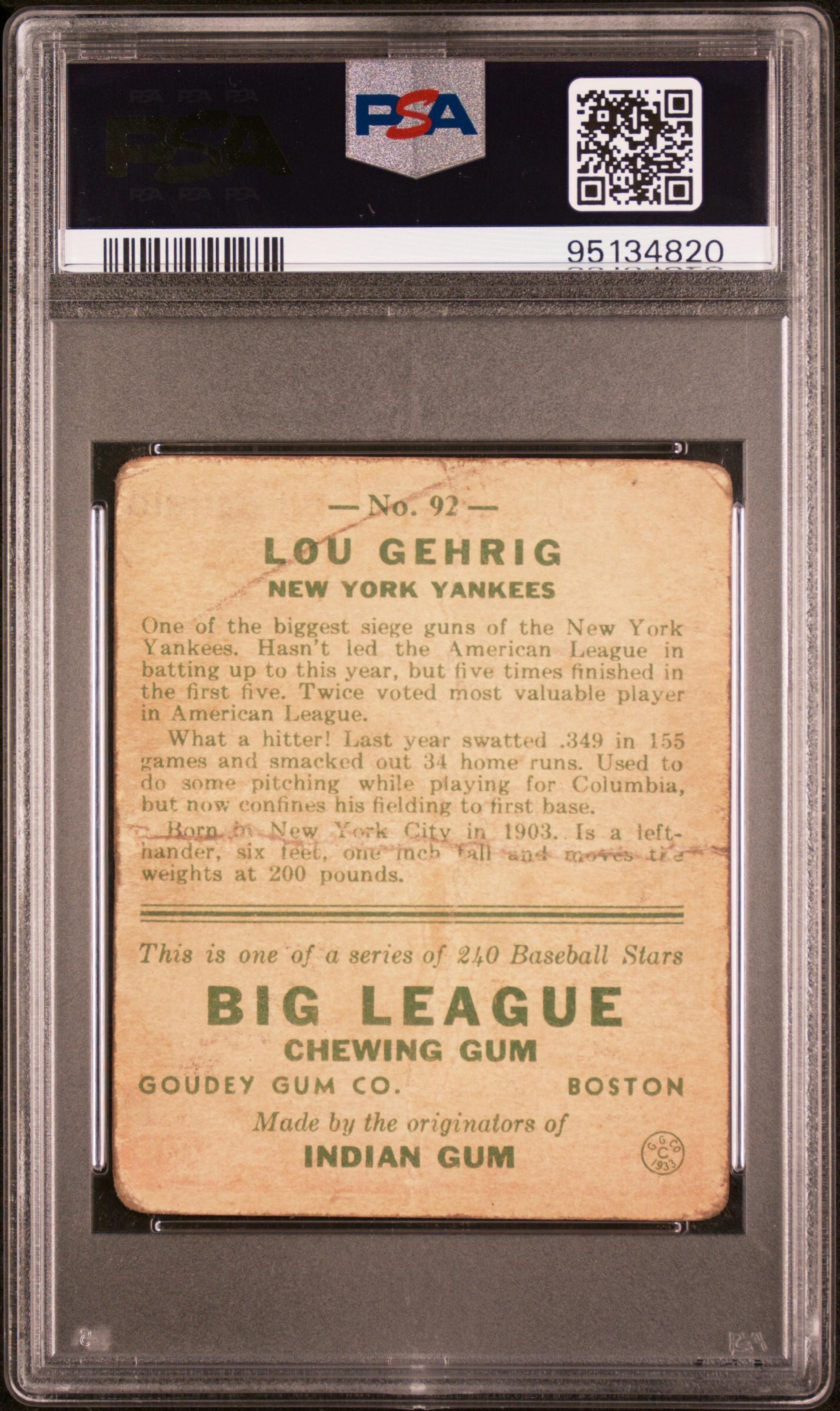 A 1933 Goudey Lou Gehrig Baseball Card No. 92 (PSA 1)